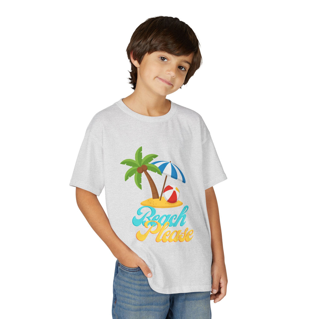 Youth Beach Please T-Shirt — Kids Summer Palm Tree & Umbrella Tee