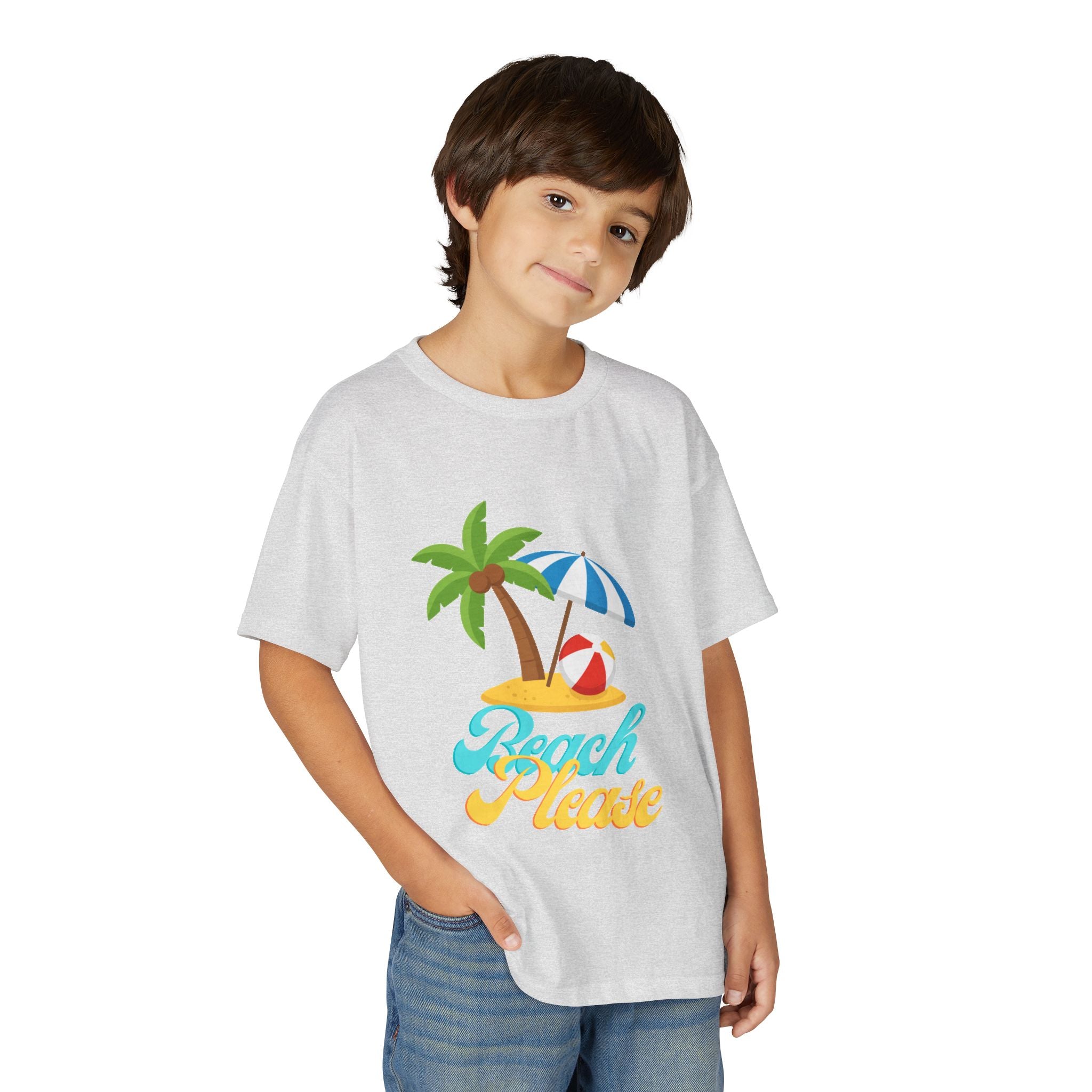 Youth Beach Please T-Shirt — Kids Summer Palm Tree & Umbrella Tee