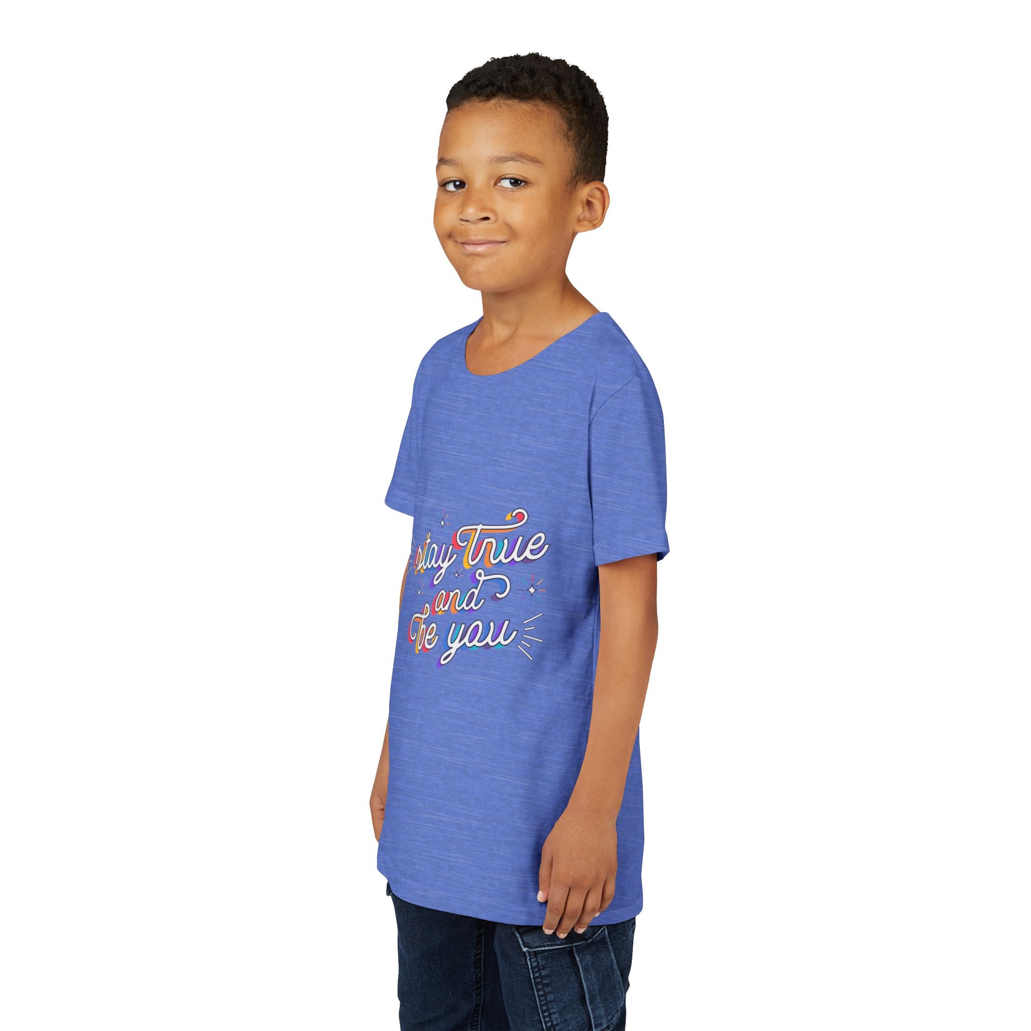 Youth Tee — "Stay True and Be You" Rainbow Script Kids T-Shirt