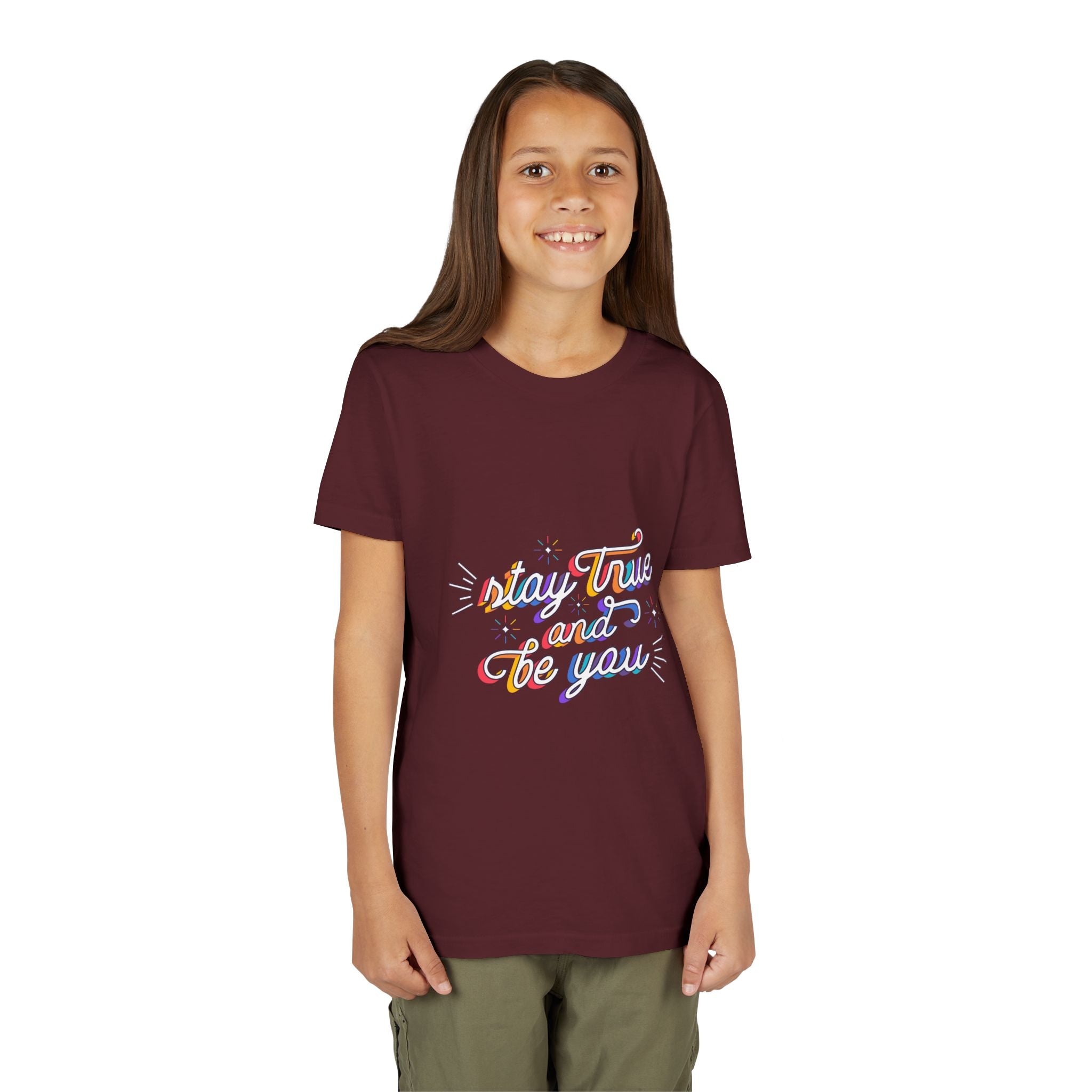 Youth Tee — "Stay True and Be You" Rainbow Script Kids T-Shirt