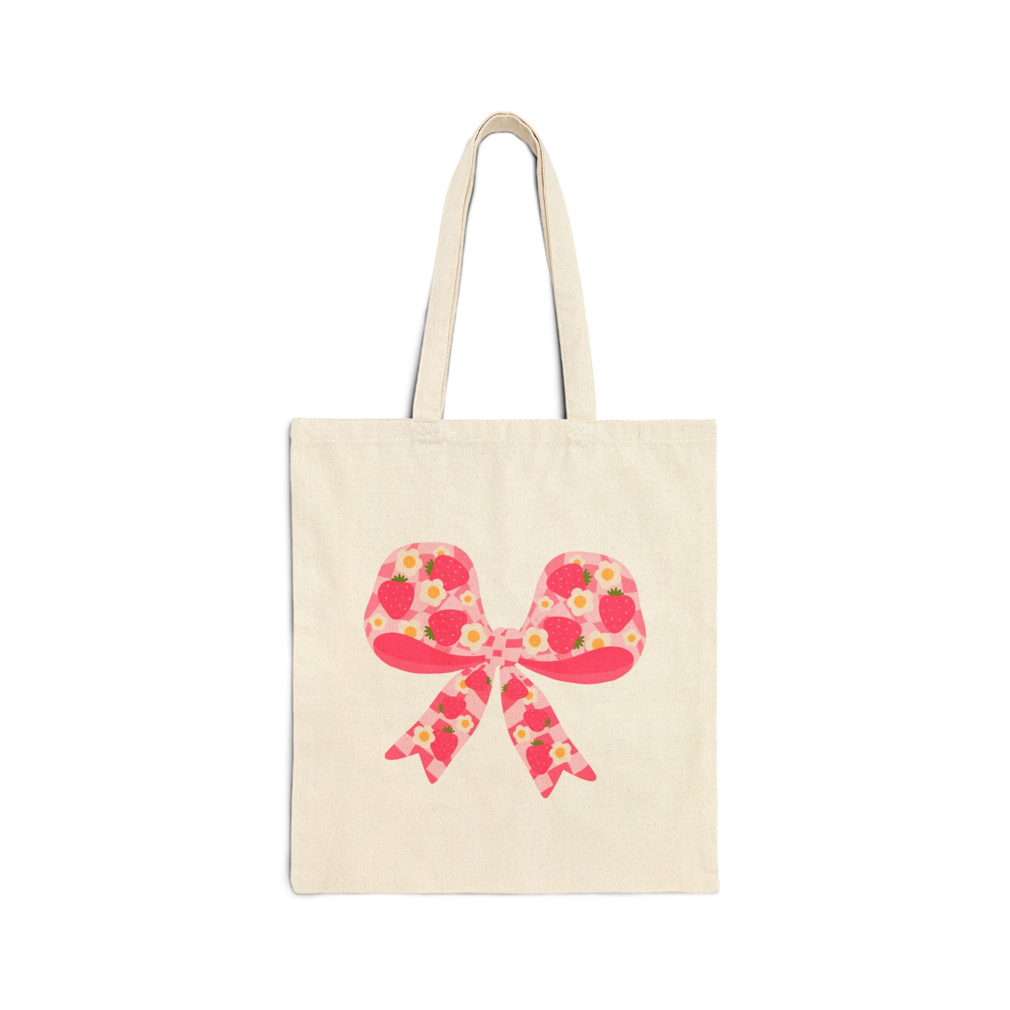 Floral Strawberry Bow Canvas Tote — Pink Flower Ribbon Strawberries