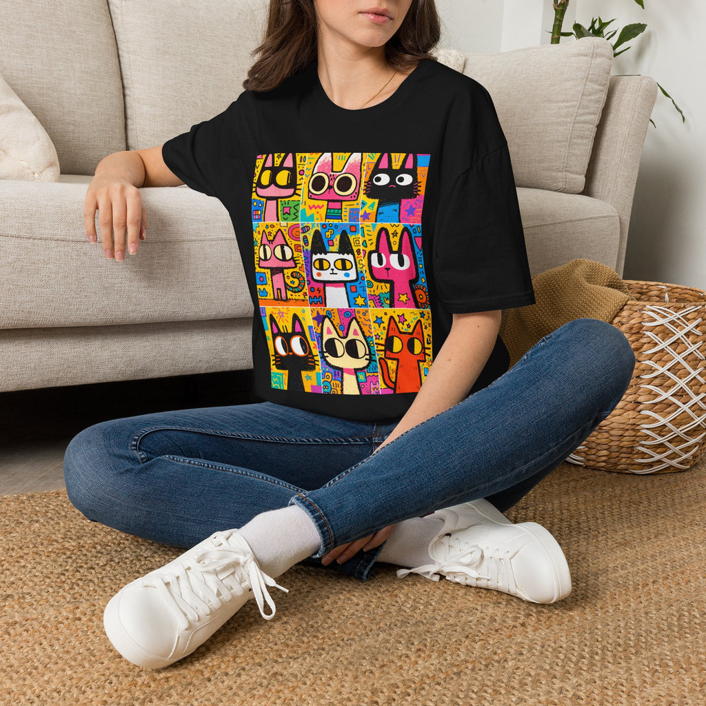Colorful Pop Art Cats T-Shirt — Cute Cartoon Cat Grid Tee