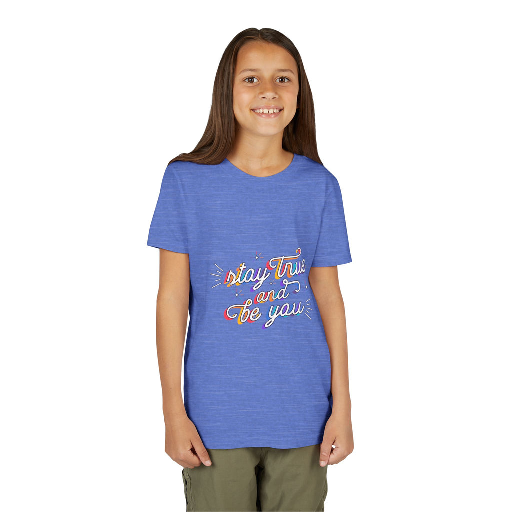 Youth Tee — "Stay True and Be You" Rainbow Script Kids T-Shirt