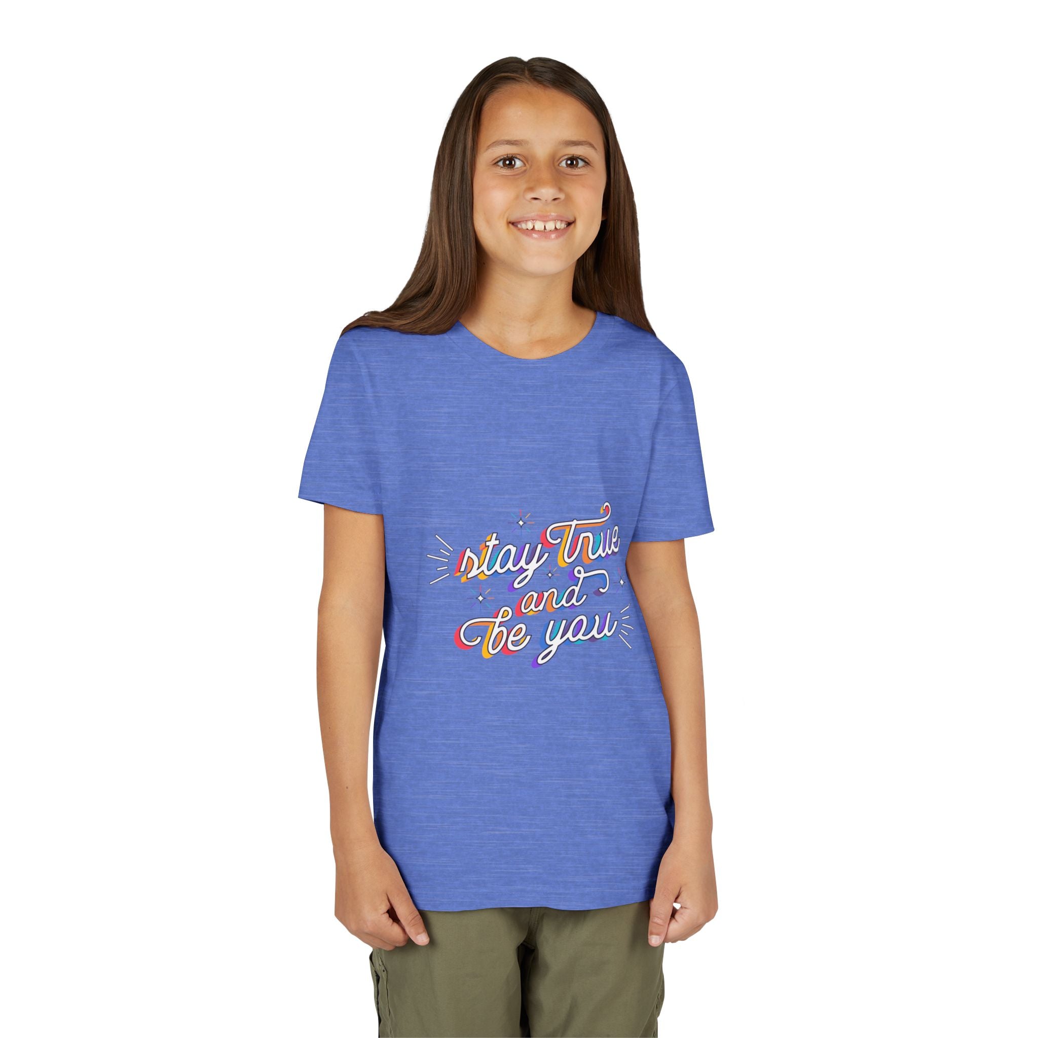 Youth Tee — "Stay True and Be You" Rainbow Script Kids T-Shirt