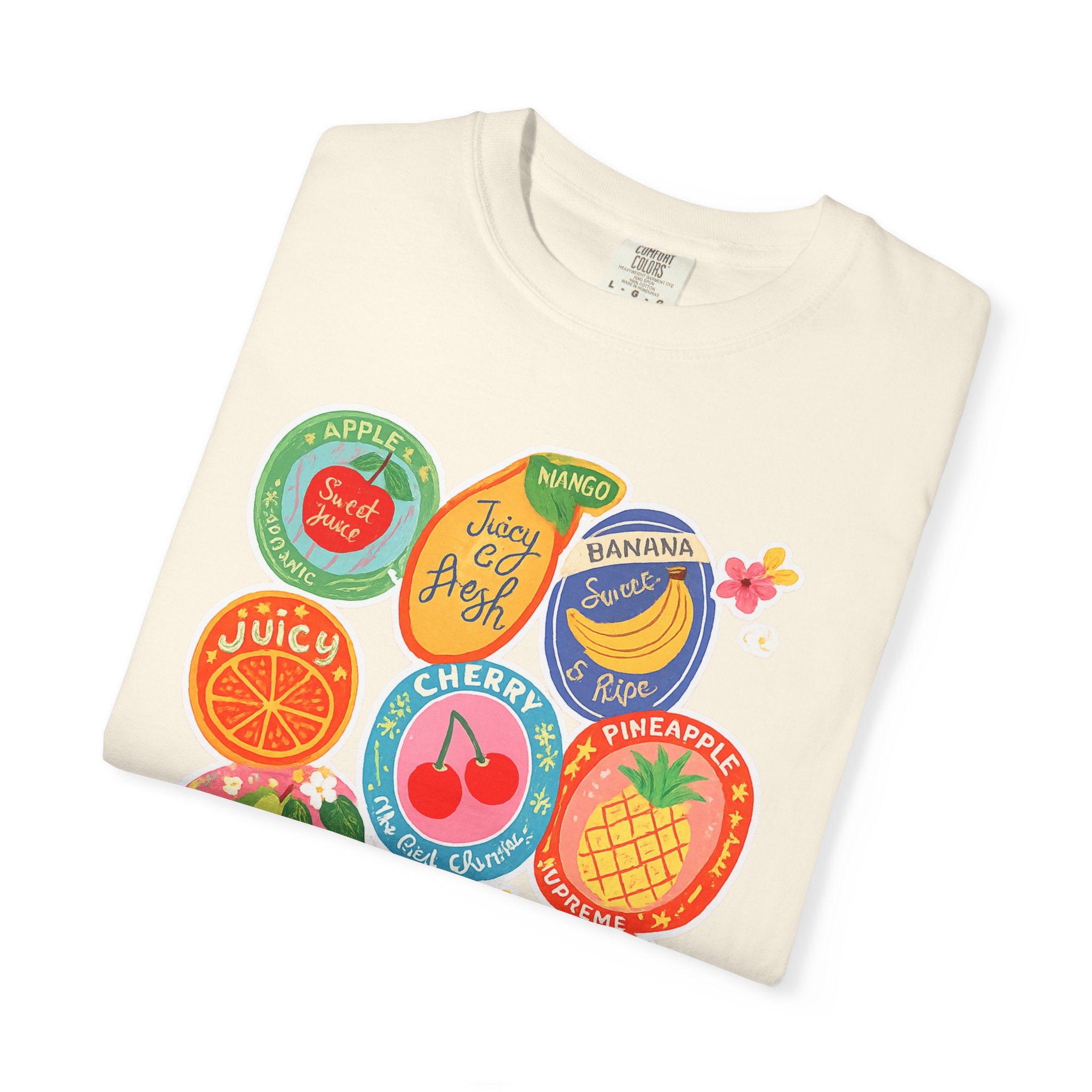 Fruit Sticker Patch T-Shirt — Juicy Retro Labels Graphic Tee