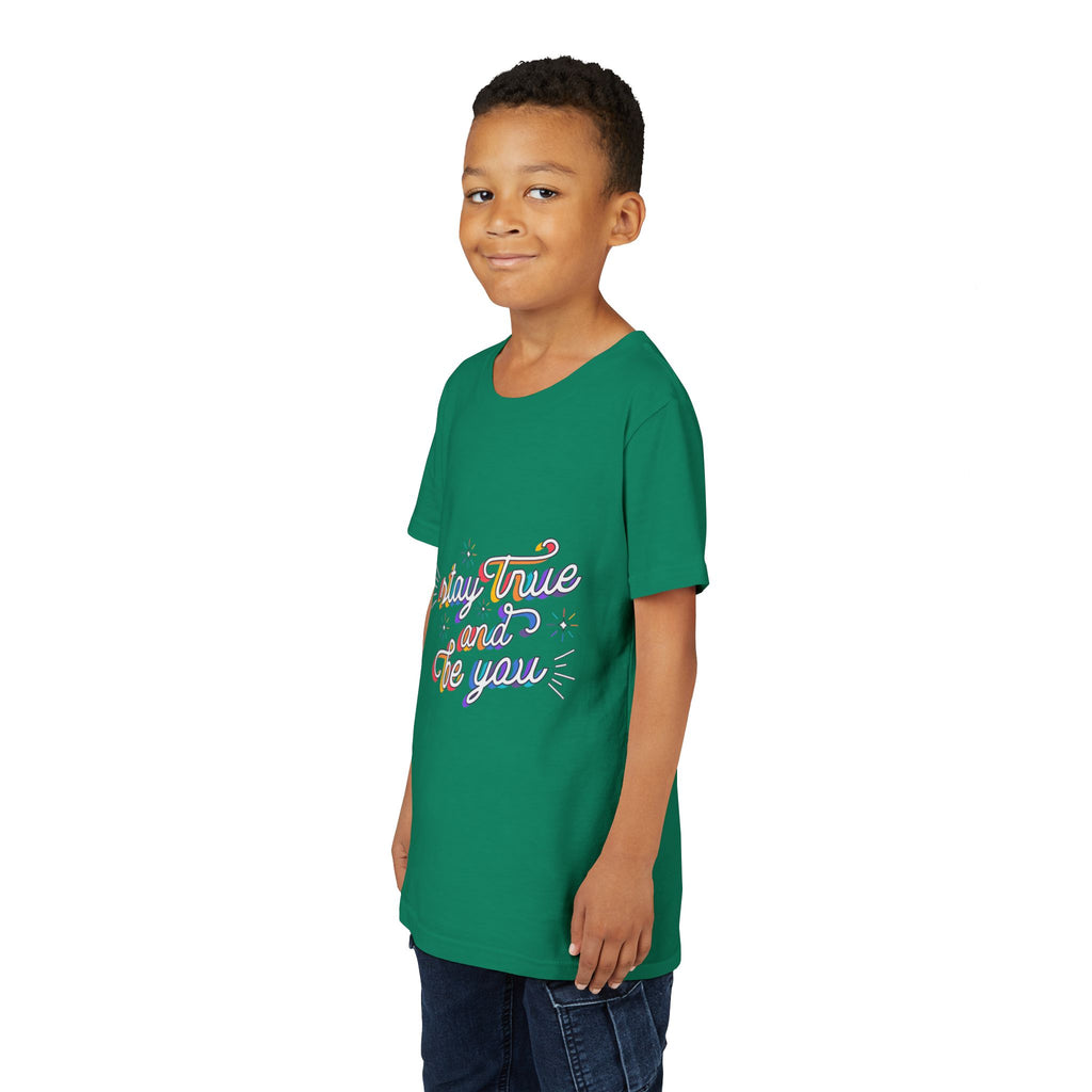Youth Tee — "Stay True and Be You" Rainbow Script Kids T-Shirt