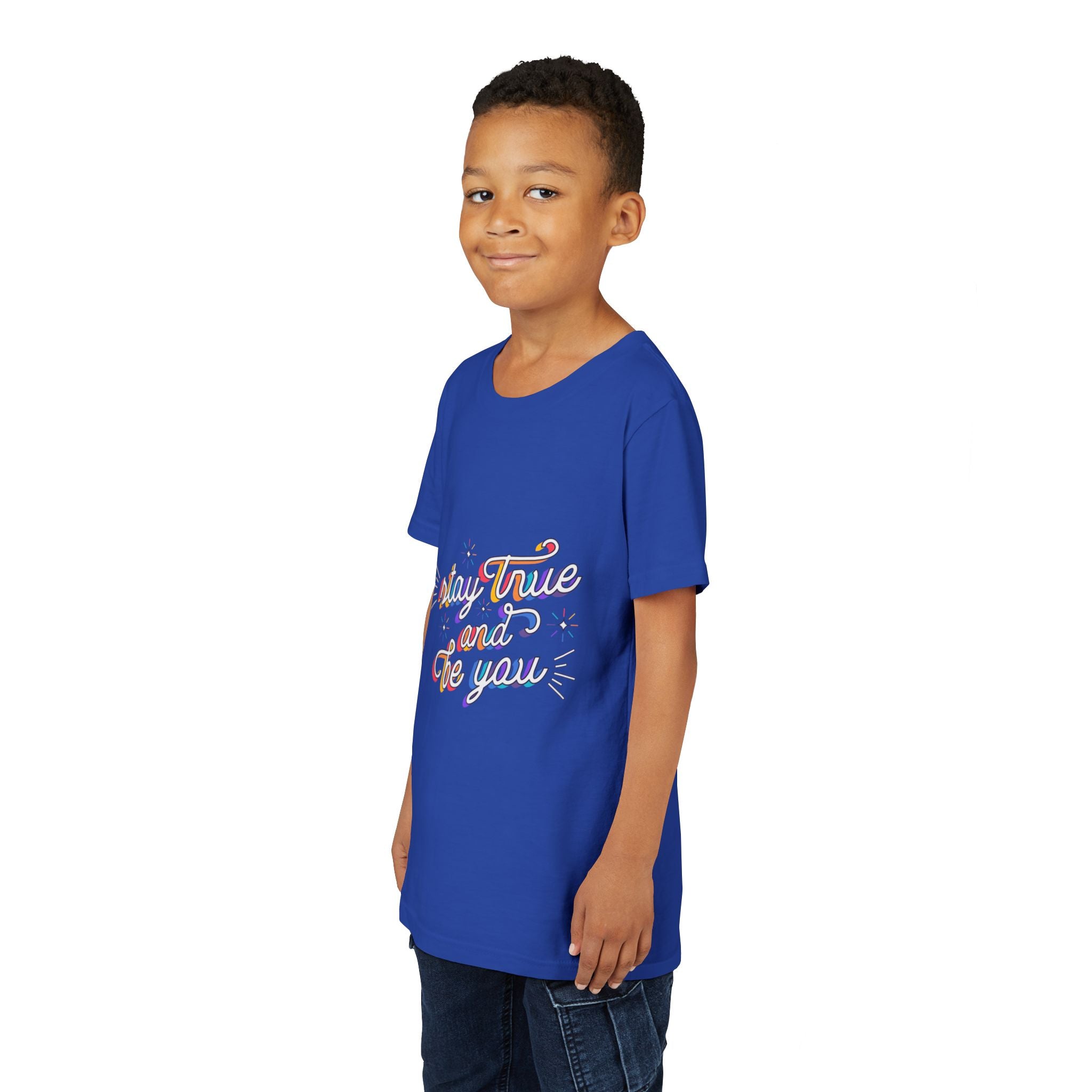 Youth Tee — "Stay True and Be You" Rainbow Script Kids T-Shirt