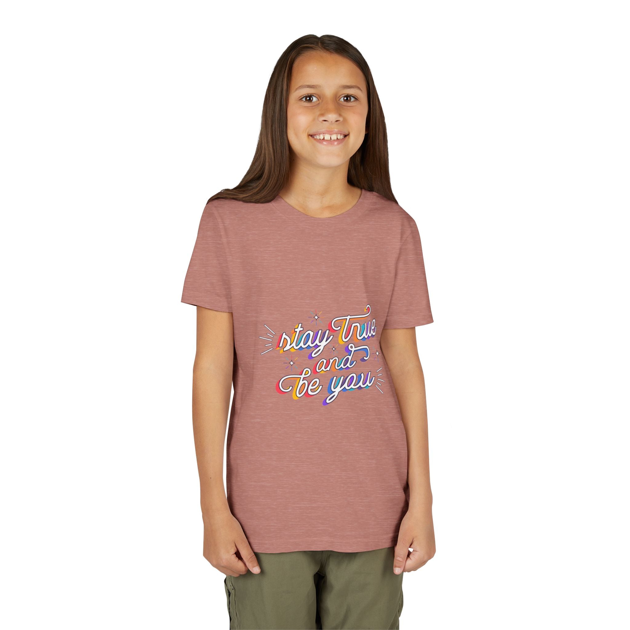 Youth Tee — "Stay True and Be You" Rainbow Script Kids T-Shirt