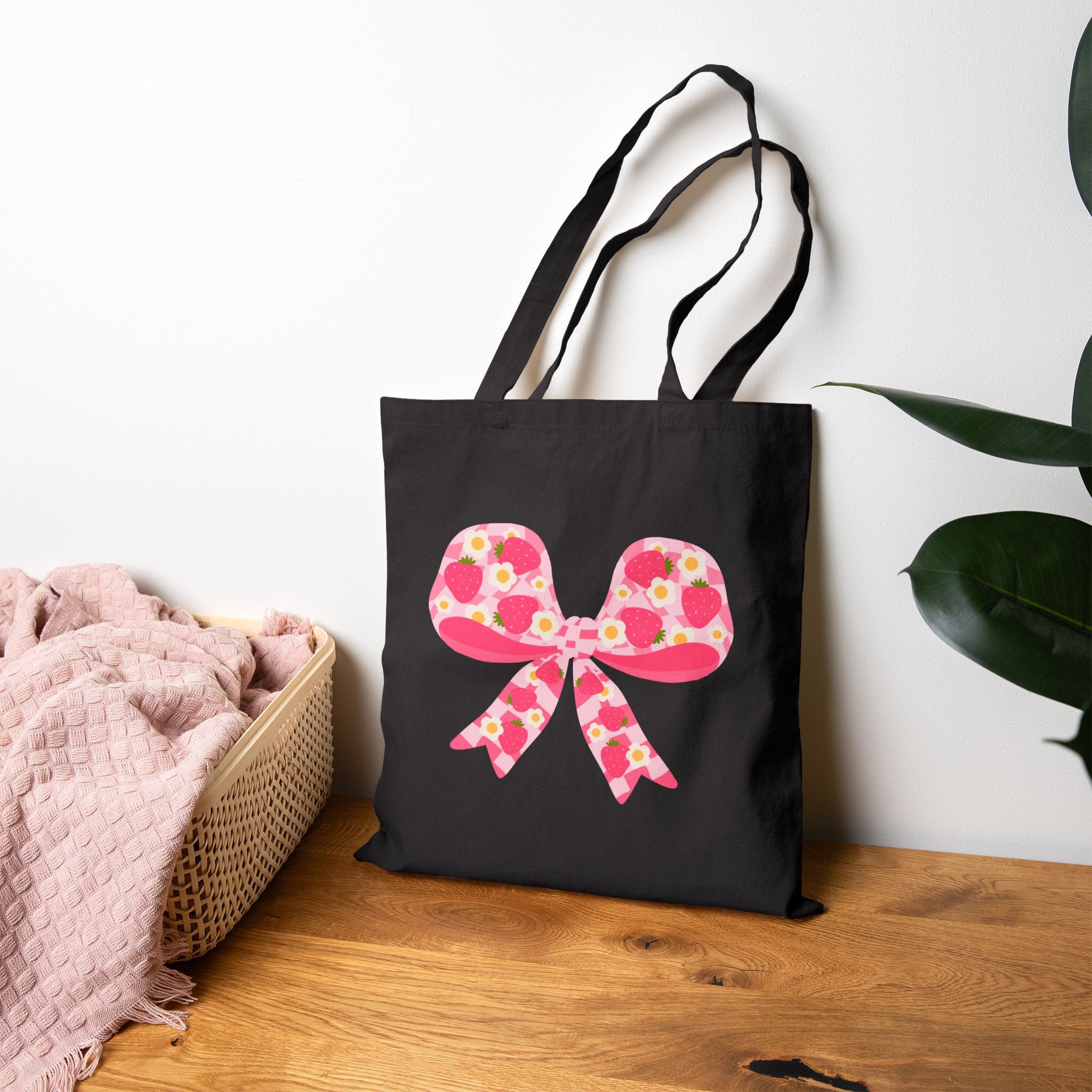 Floral Strawberry Bow Canvas Tote — Pink Flower Ribbon Strawberries