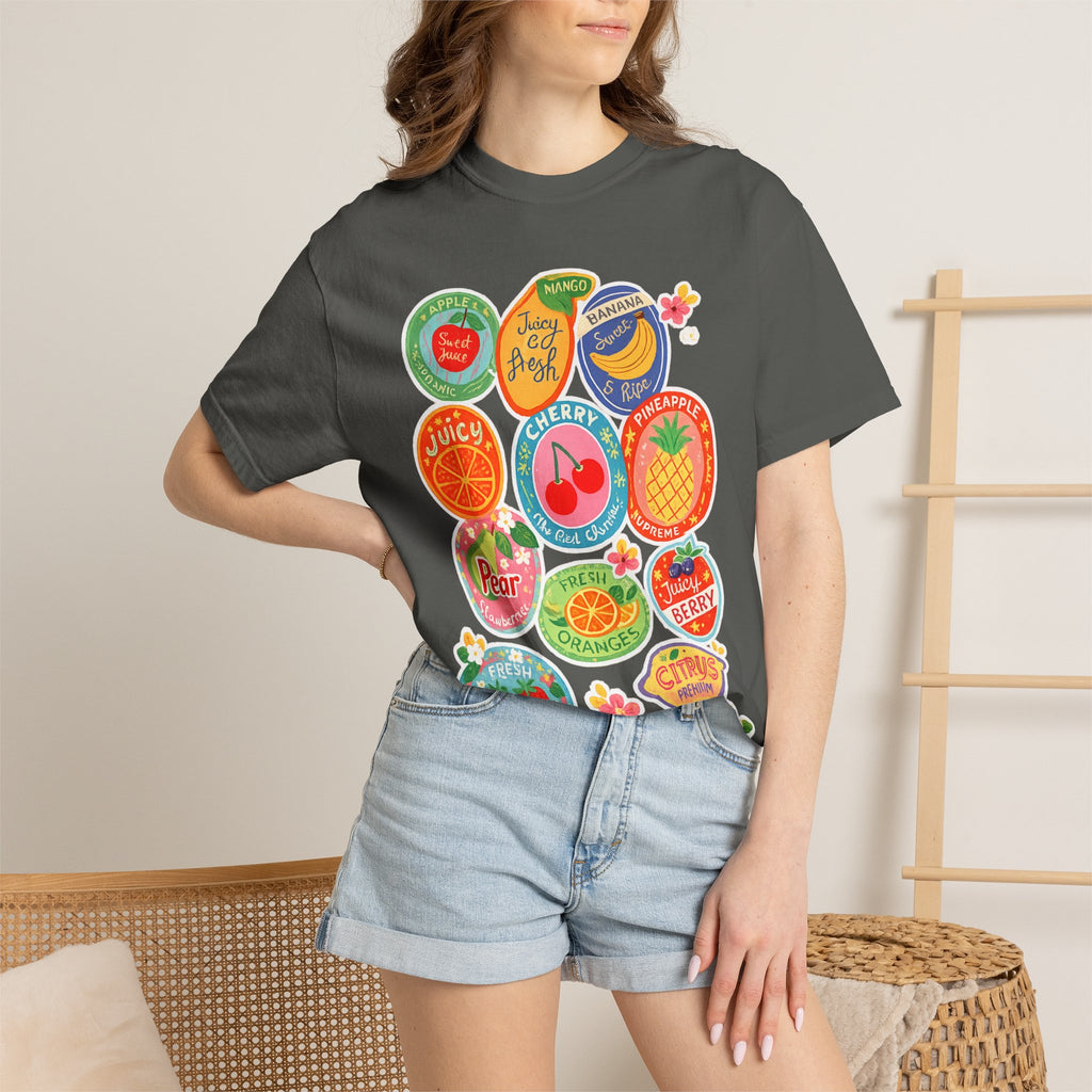 Fruit Sticker Patch T-Shirt — Juicy Retro Labels Graphic Tee