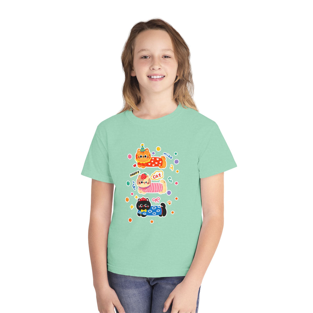 Cute Stacked Cat Donuts Youth Tee — Mint Kids T-Shirt