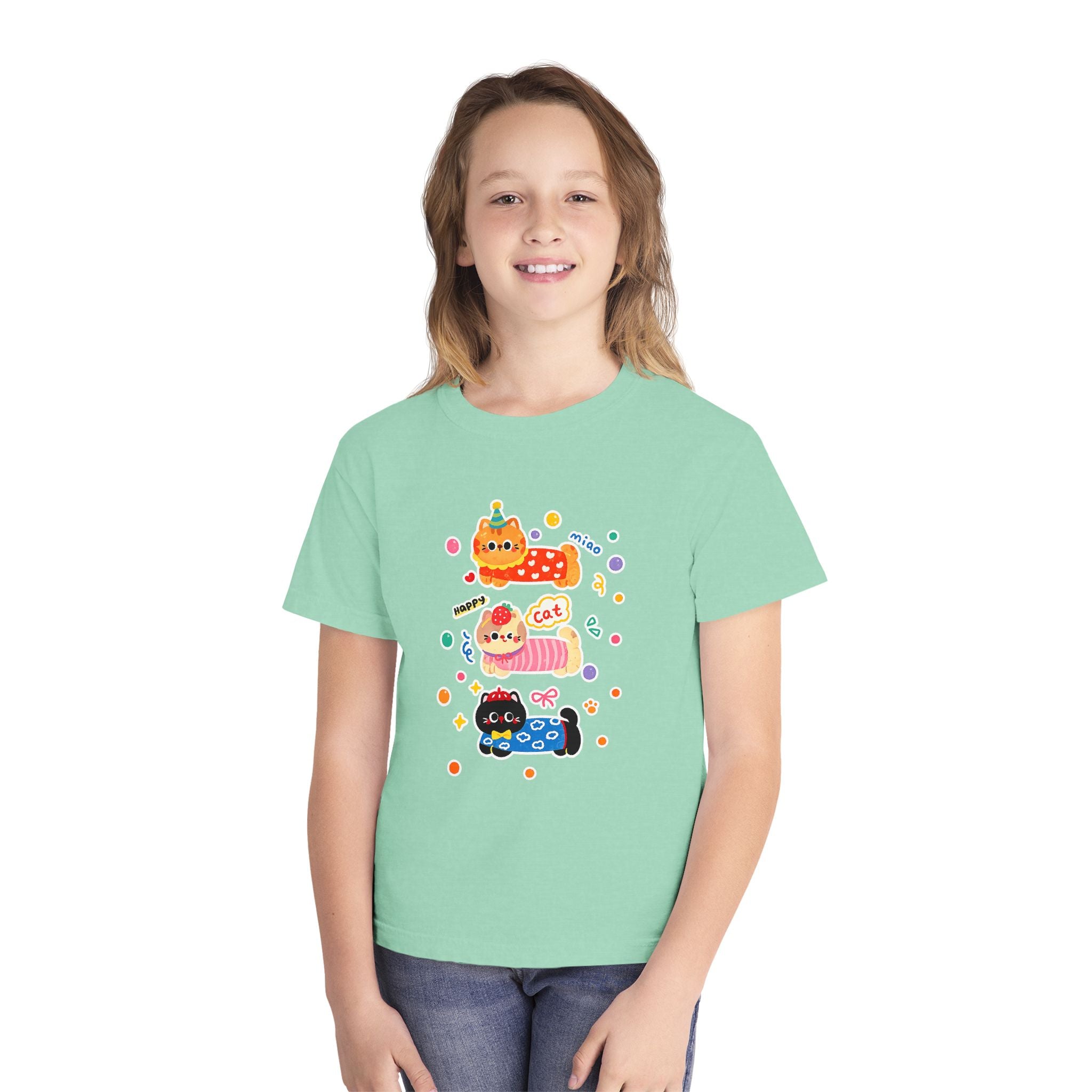 Cute Stacked Cat Donuts Youth Tee — Mint Kids T-Shirt