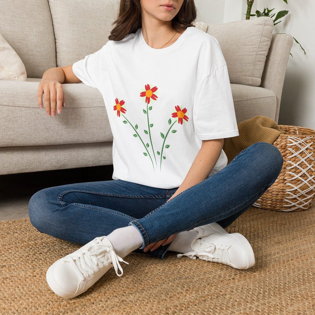 Floral Daisies Graphic T-Shirt — Red & Yellow Bloom Tee