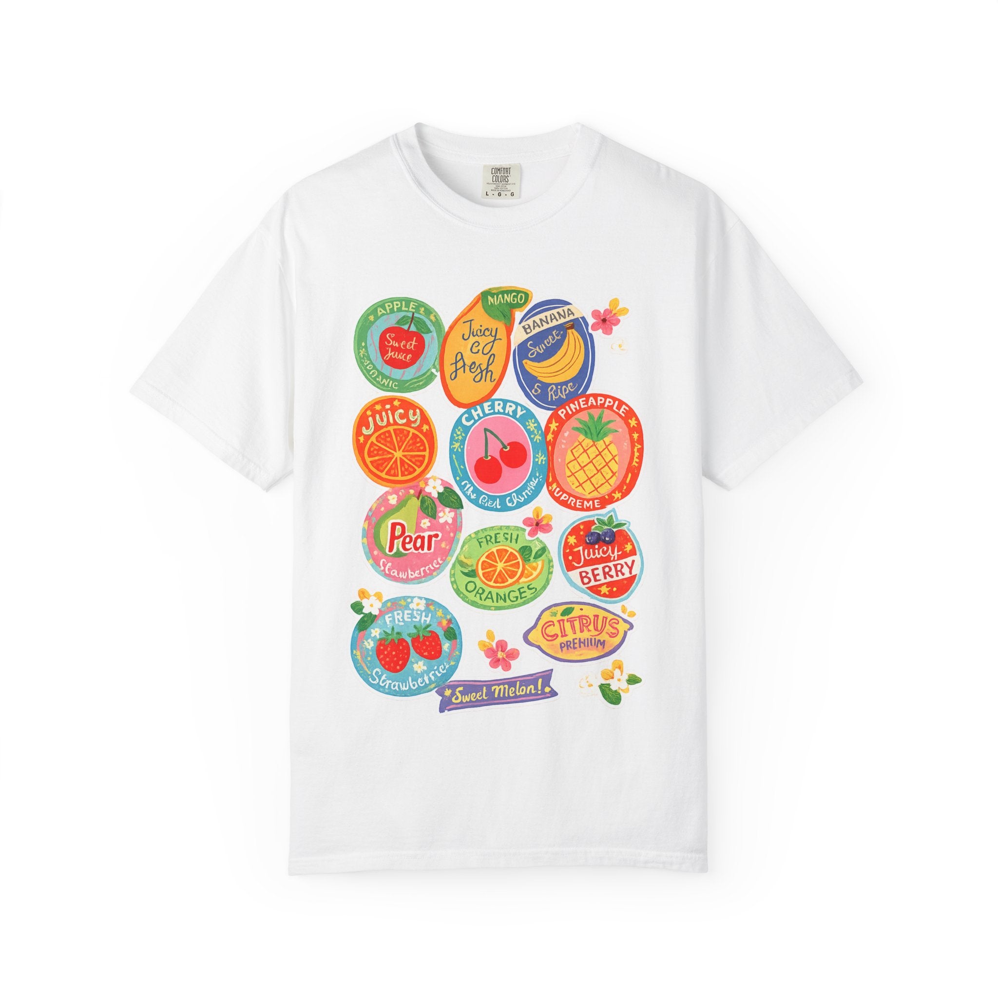 Fruit Sticker Patch T-Shirt — Juicy Retro Labels Graphic Tee