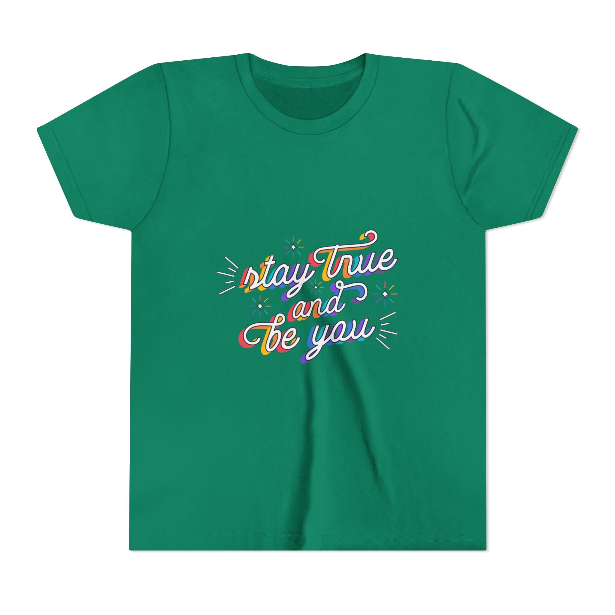 Youth Tee — "Stay True and Be You" Rainbow Script Kids T-Shirt