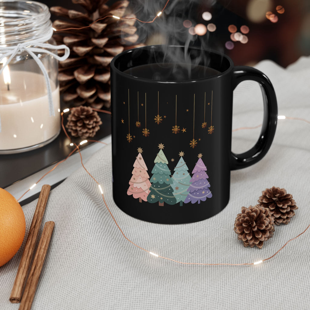 Pastel Ornament Christmas Tree Black Mug — Holiday Coffee Tea Cup (11oz & 15oz)