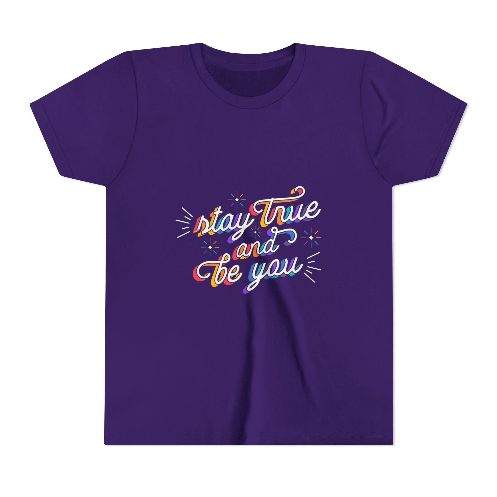 Youth Tee — "Stay True and Be You" Rainbow Script Kids T-Shirt