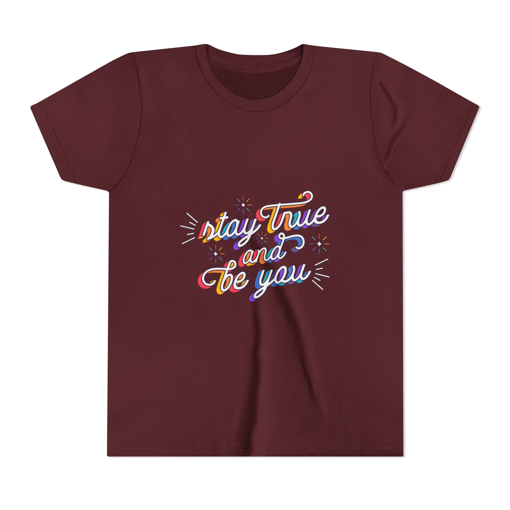 Youth Tee — "Stay True and Be You" Rainbow Script Kids T-Shirt