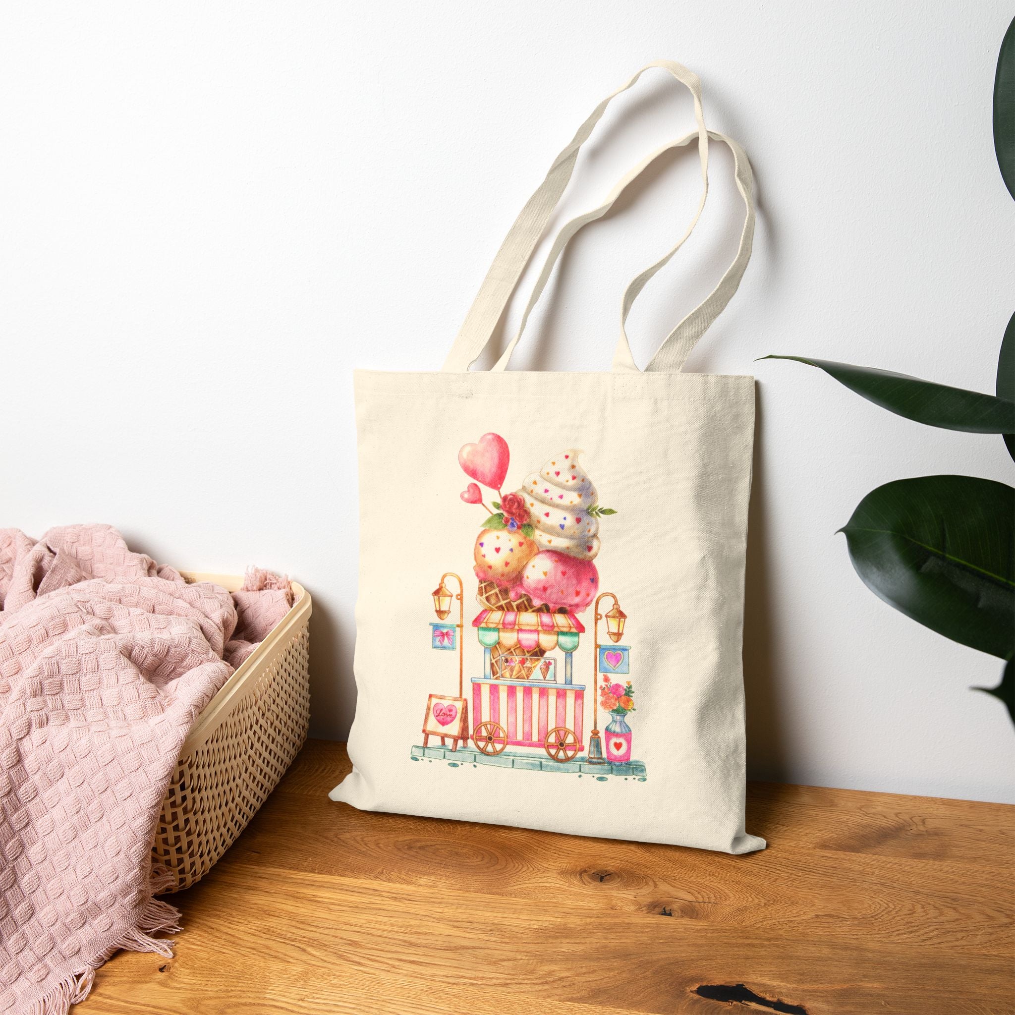 Ice Cream Cart Cotton Canvas Tote Bag — Cute Delicious Pastel Dessert Illustration