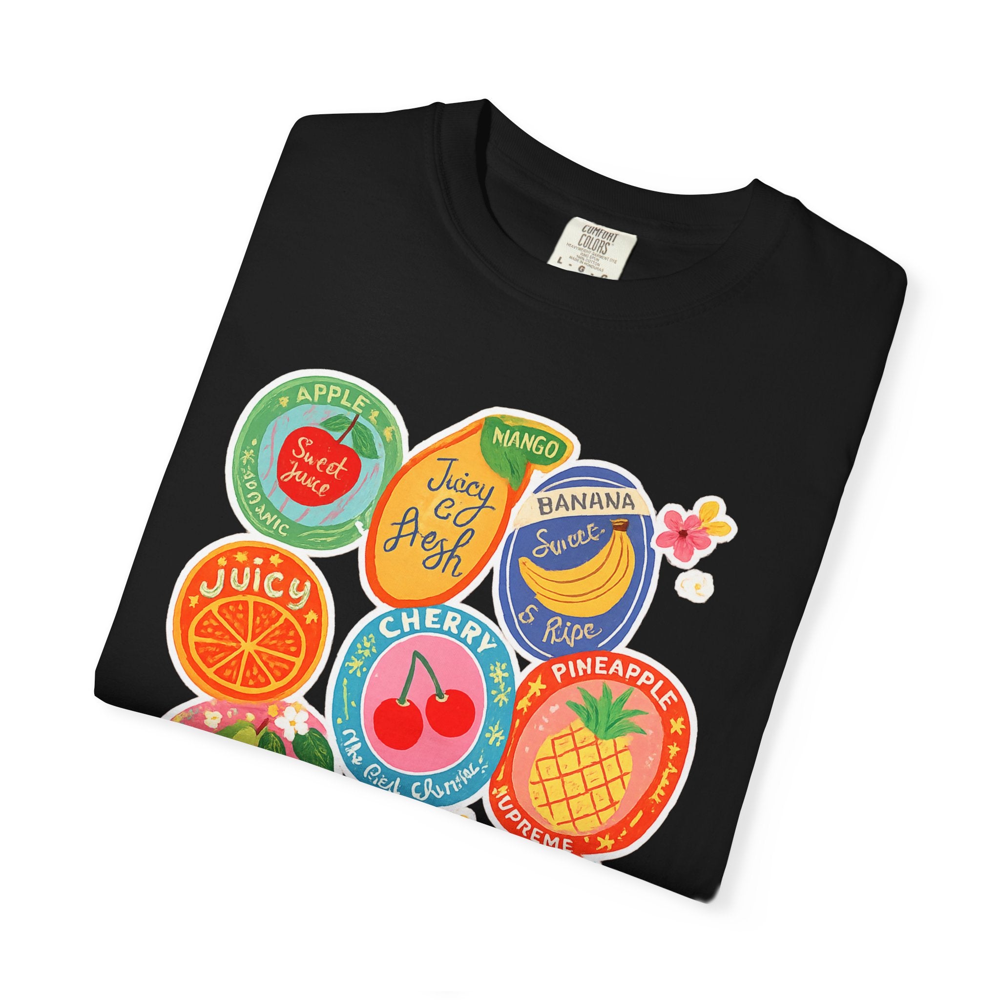 Fruit Sticker Patch T-Shirt — Juicy Retro Labels Graphic Tee