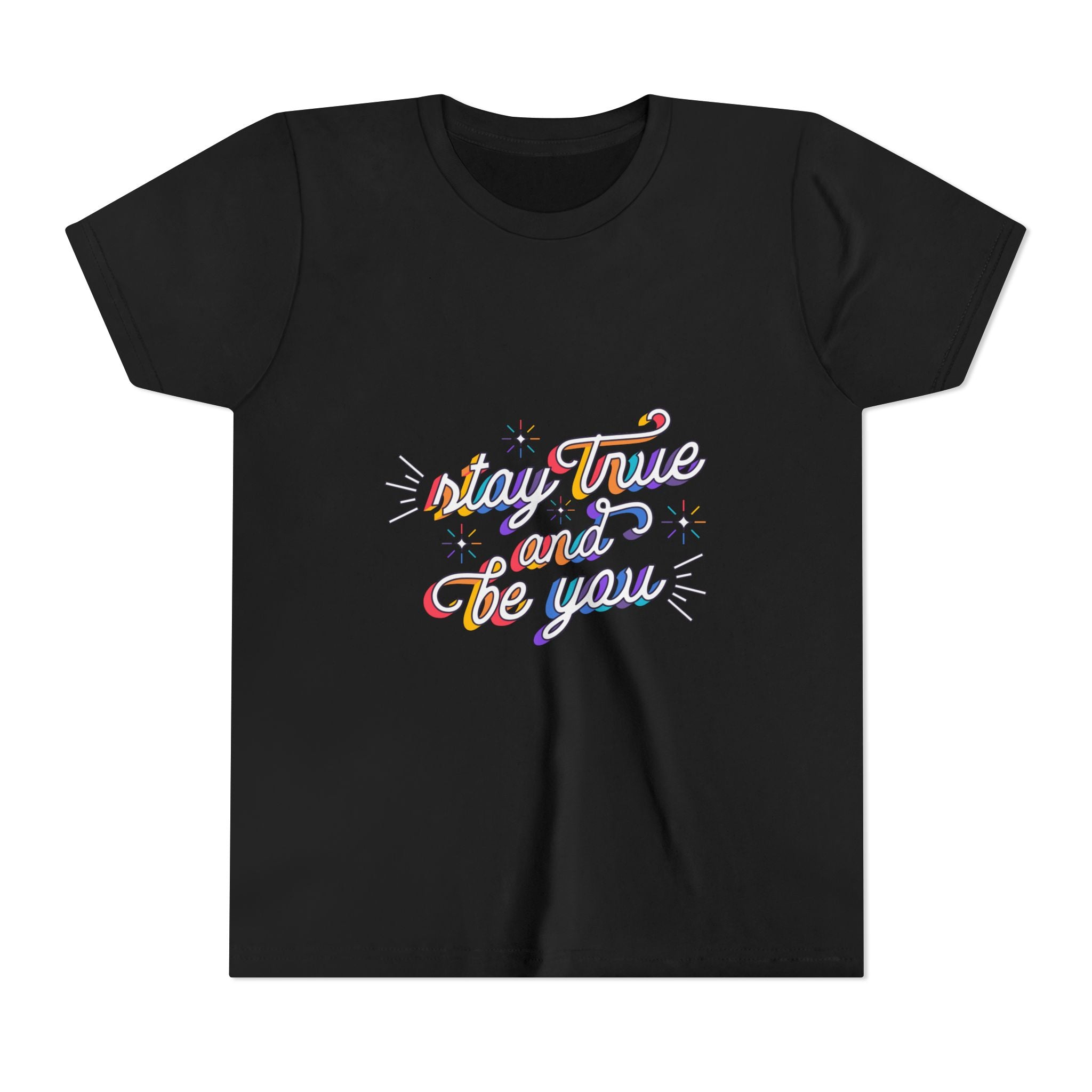 Youth Tee — "Stay True and Be You" Rainbow Script Kids T-Shirt