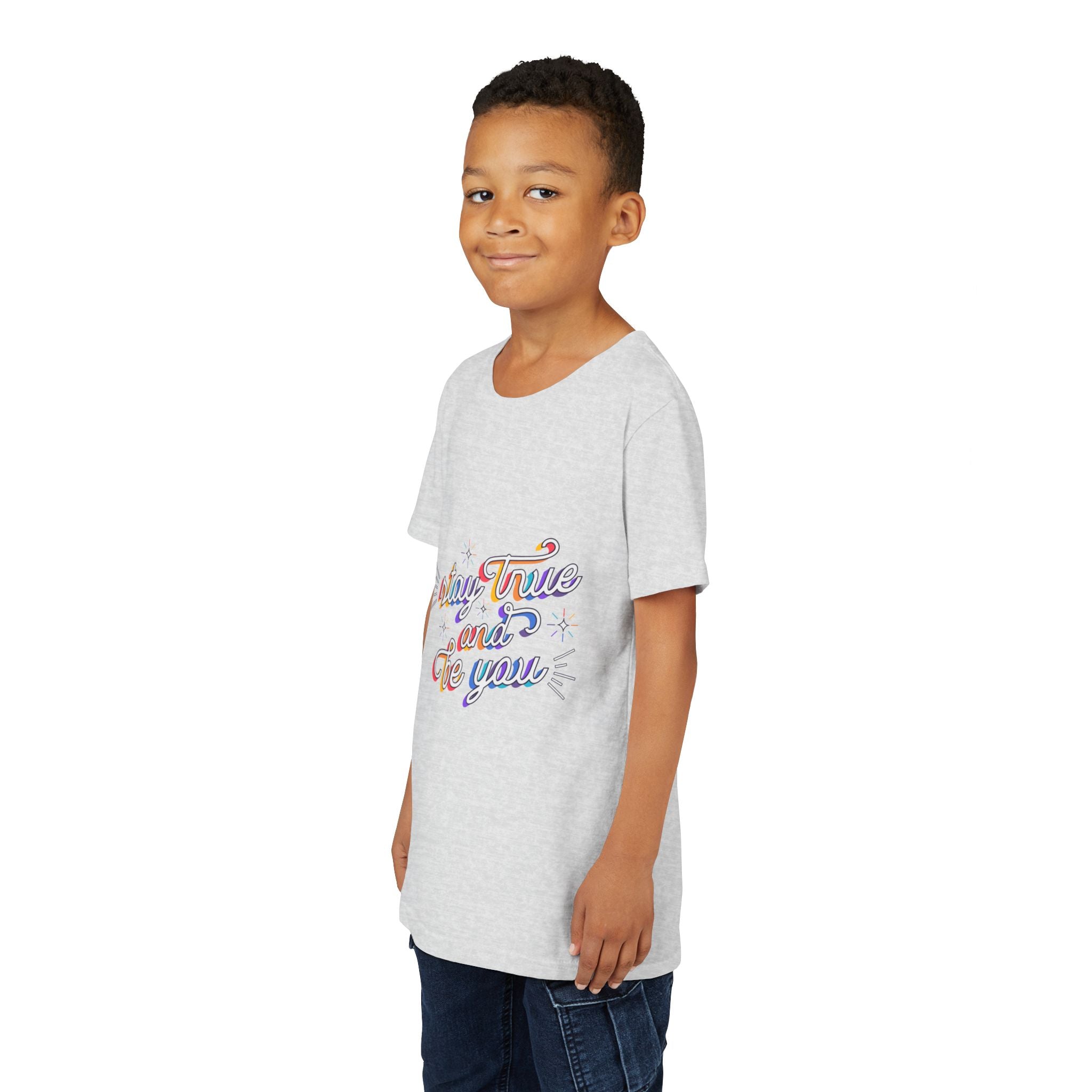 Youth Tee — "Stay True and Be You" Rainbow Script Kids T-Shirt