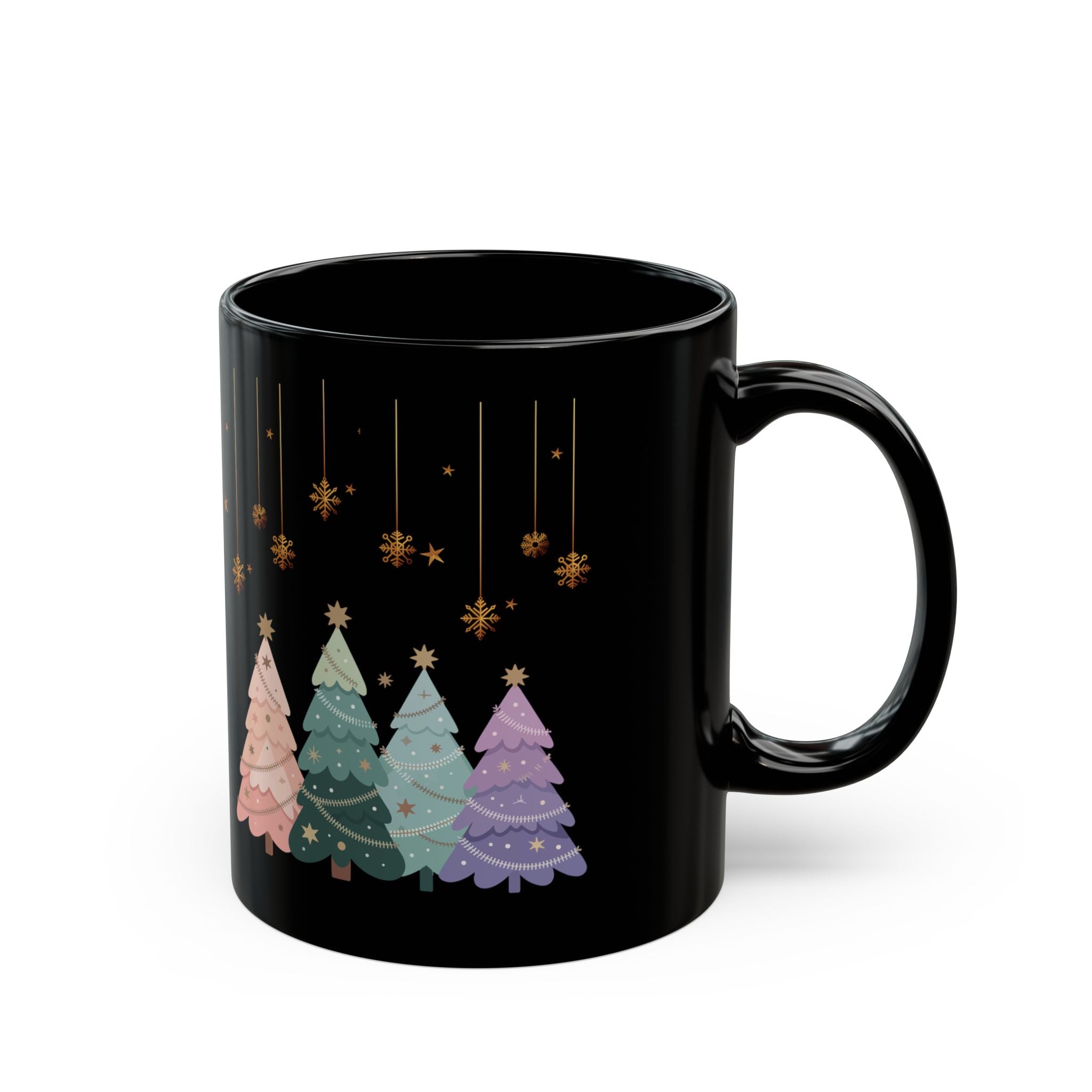 Pastel Ornament Christmas Tree Black Mug — Holiday Coffee Tea Cup (11oz & 15oz)