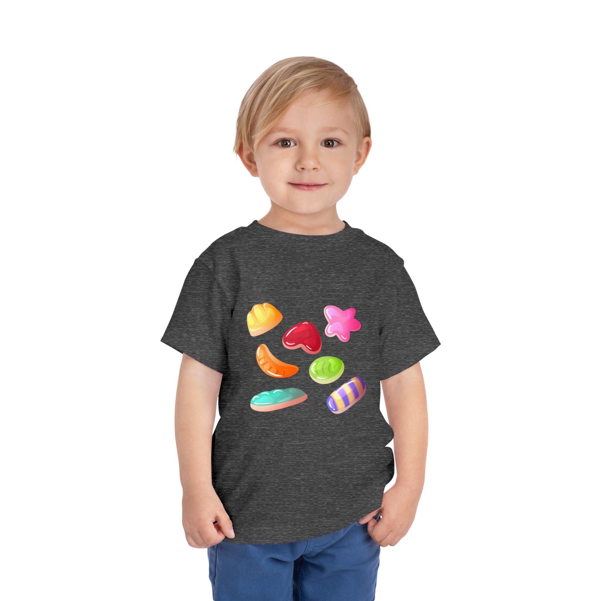 Toddler Candy Shapes Tee — Colorful Candy Heart Star Graphic Shirt for Kids