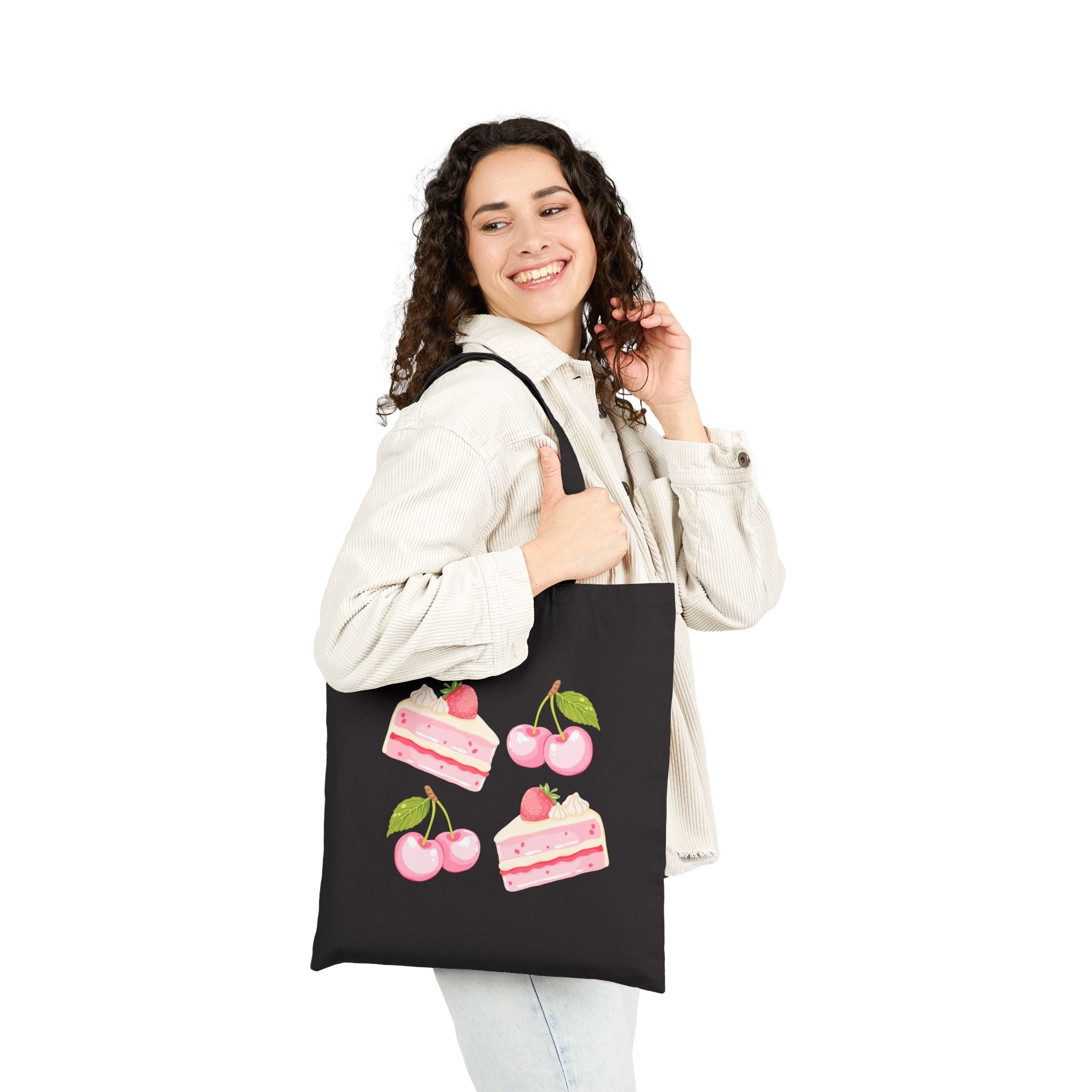 Strawberry Cherry Cake Canvas Tote Bag — Cute Dessert Grocery Tote