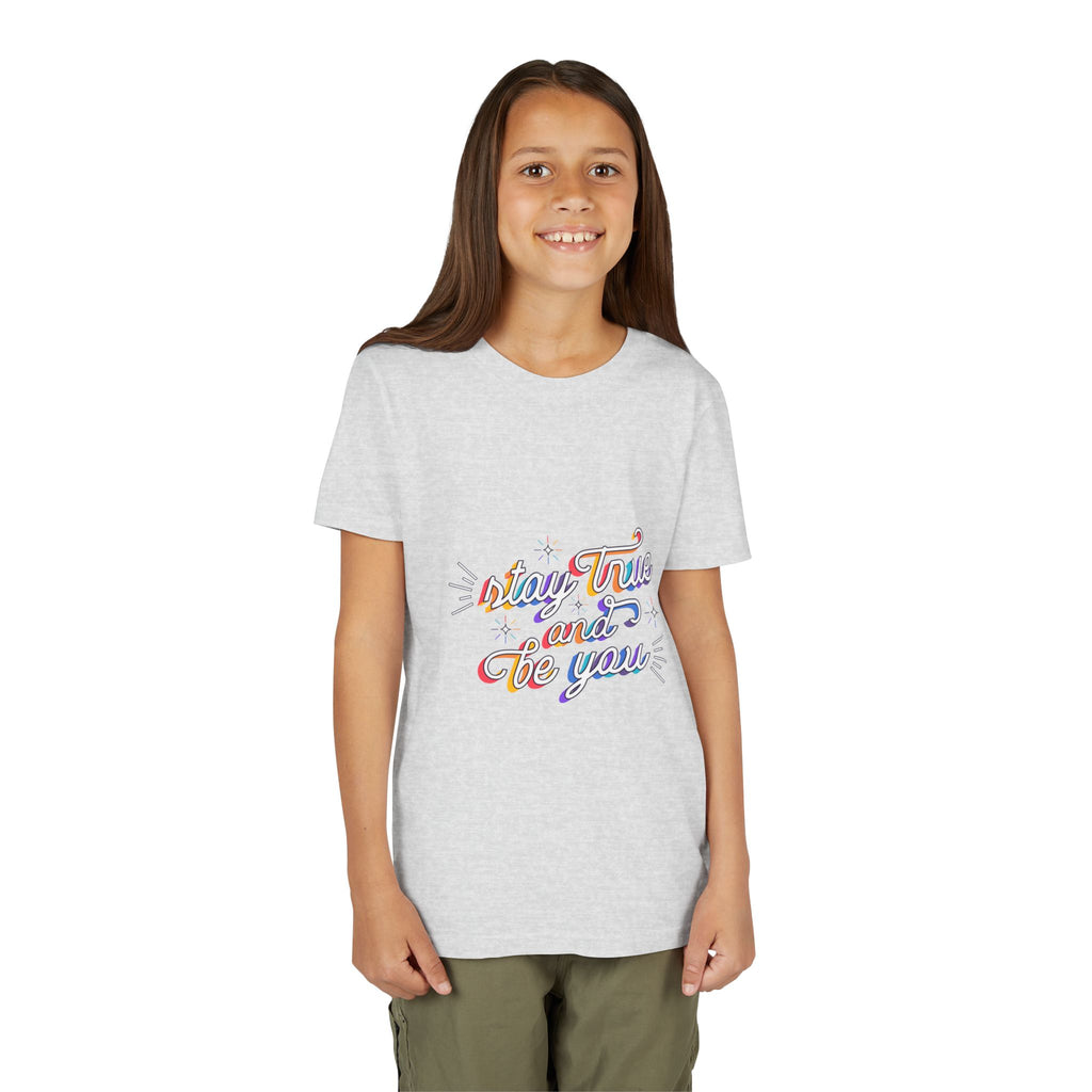 Youth Tee — "Stay True and Be You" Rainbow Script Kids T-Shirt