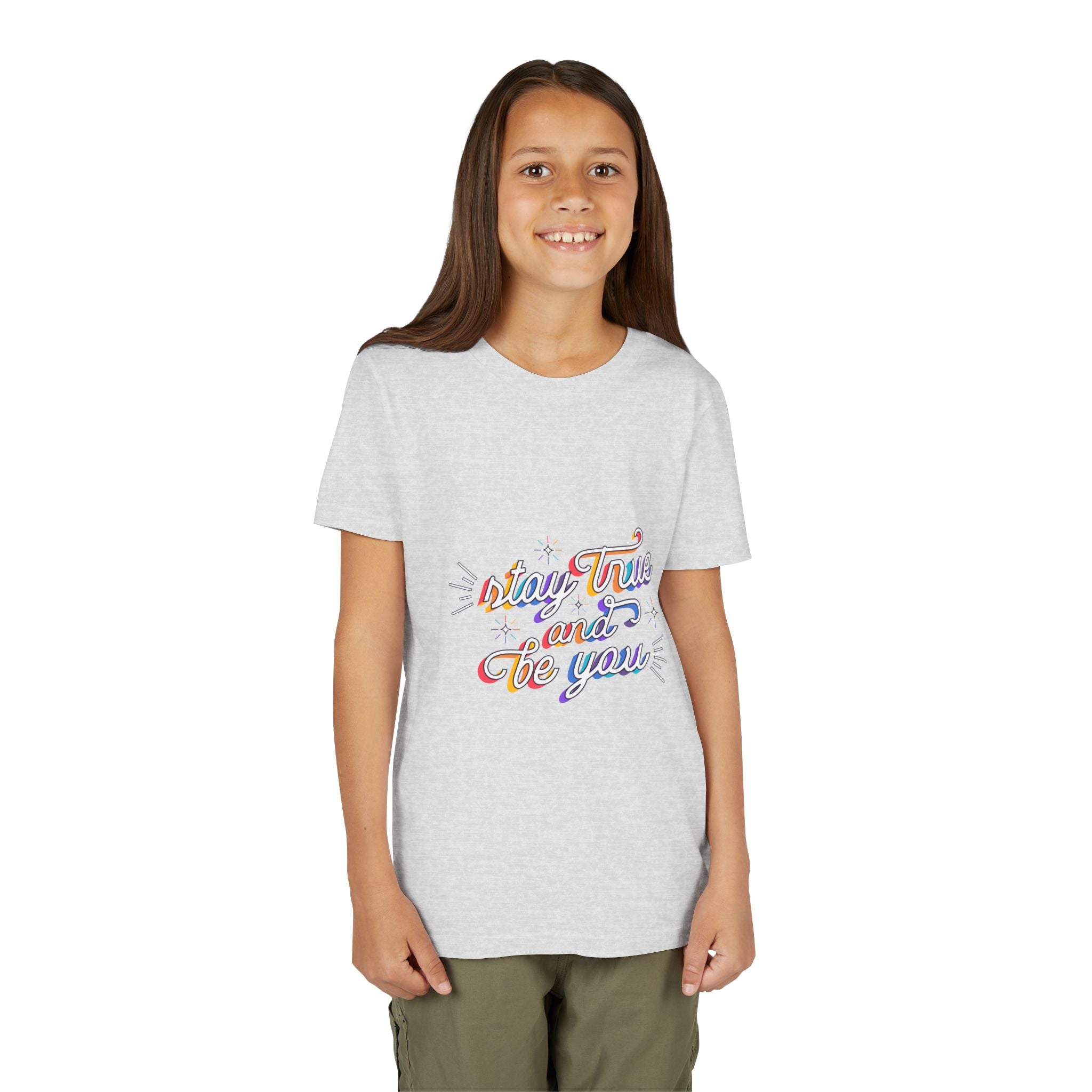 Youth Tee — "Stay True and Be You" Rainbow Script Kids T-Shirt
