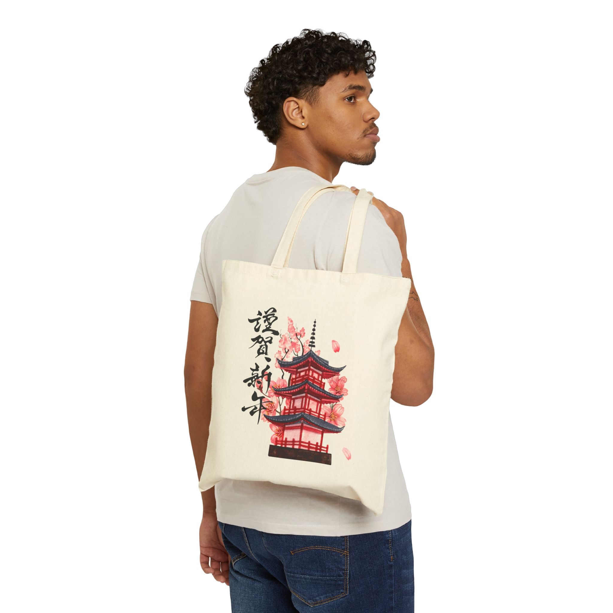 Pagoda Cherry Blossom Tote — Canvas Tote Bag with Japanese Temple Design