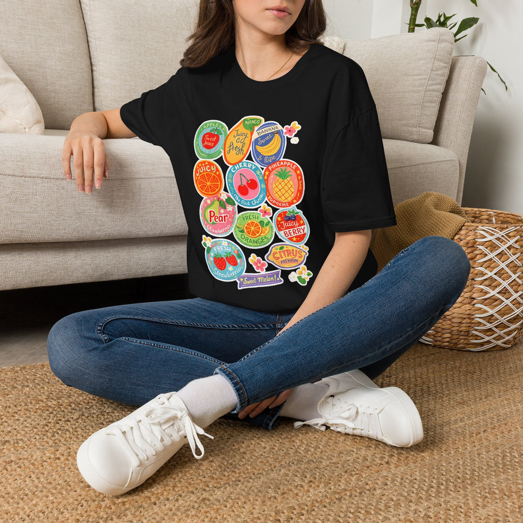 Fruit Label Graphic T-Shirt — Vintage Tropical Citrus Badges Tee
