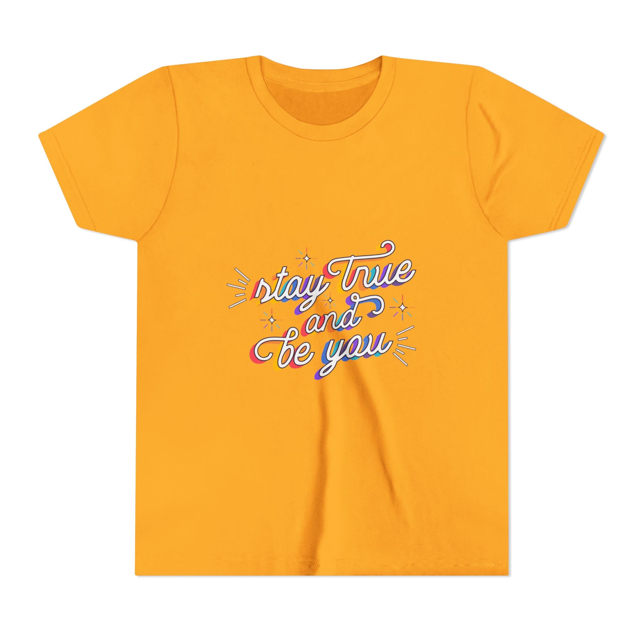 Youth Tee — "Stay True and Be You" Rainbow Script Kids T-Shirt