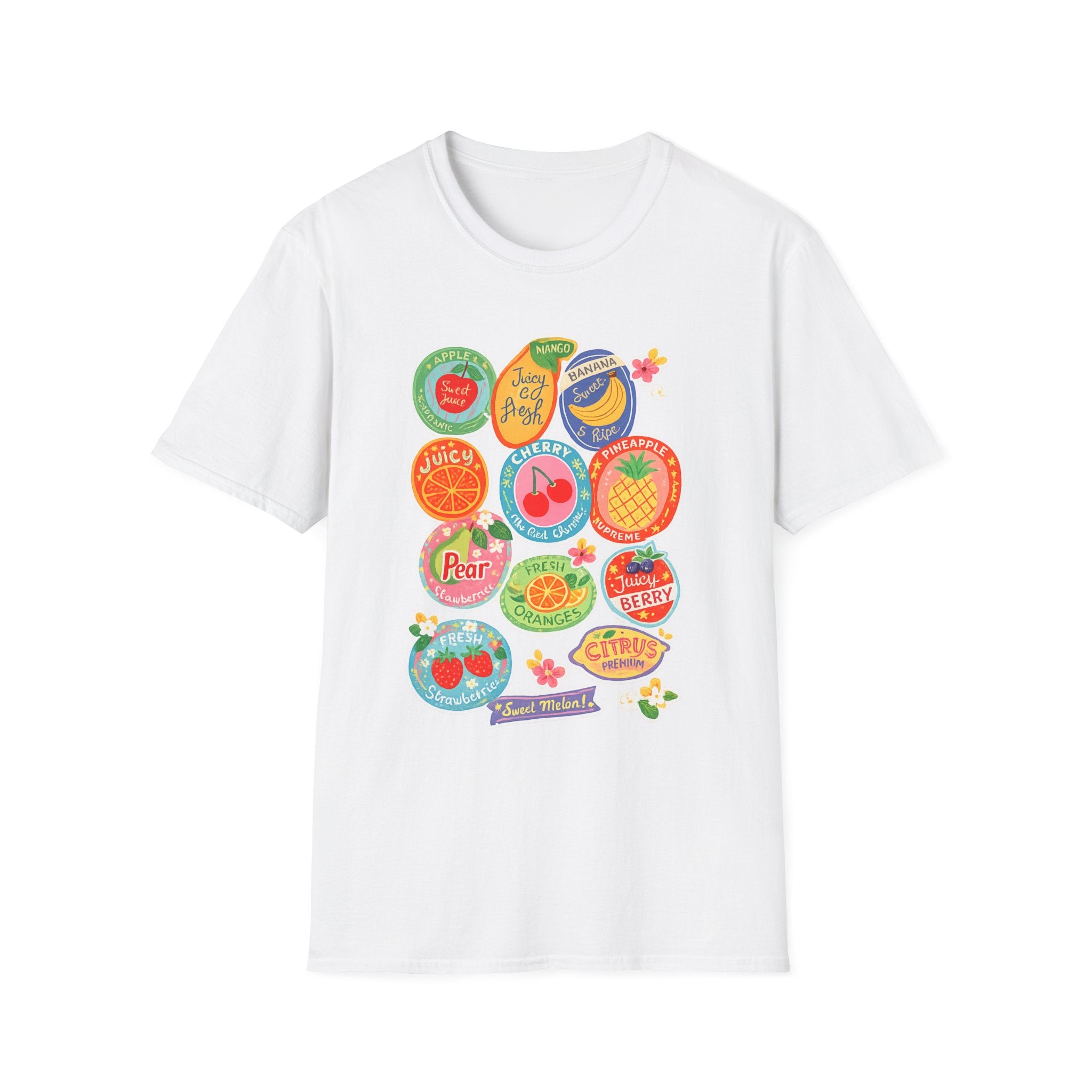 Fruit Label Graphic T-Shirt — Vintage Tropical Citrus Badges Tee