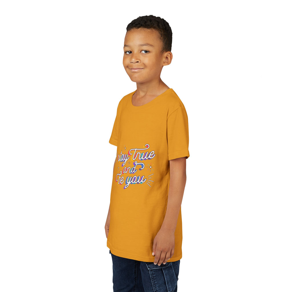 Youth Tee — "Stay True and Be You" Rainbow Script Kids T-Shirt