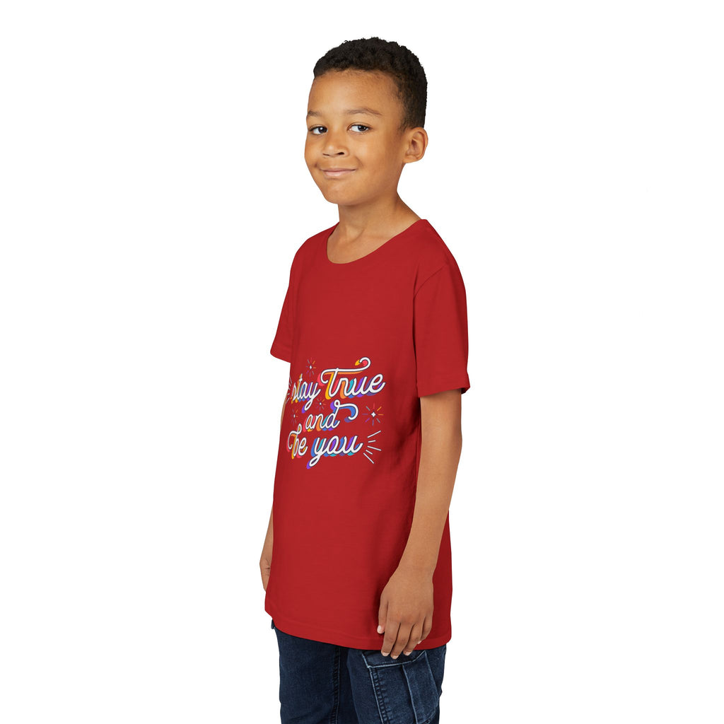 Youth Tee — "Stay True and Be You" Rainbow Script Kids T-Shirt