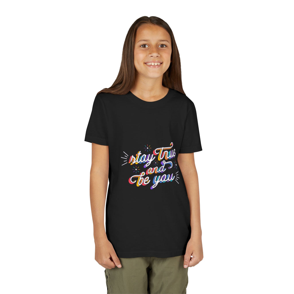 Youth Tee — "Stay True and Be You" Rainbow Script Kids T-Shirt