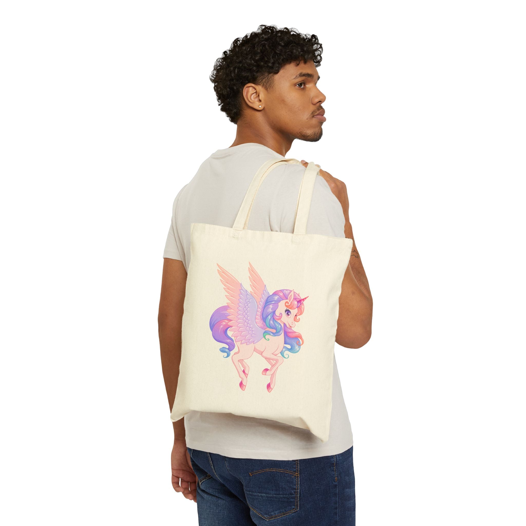 Magical Unicorn Pegasus Canvas Tote Bag — Pastel Rainbow Winged Horse Cotton Shopper