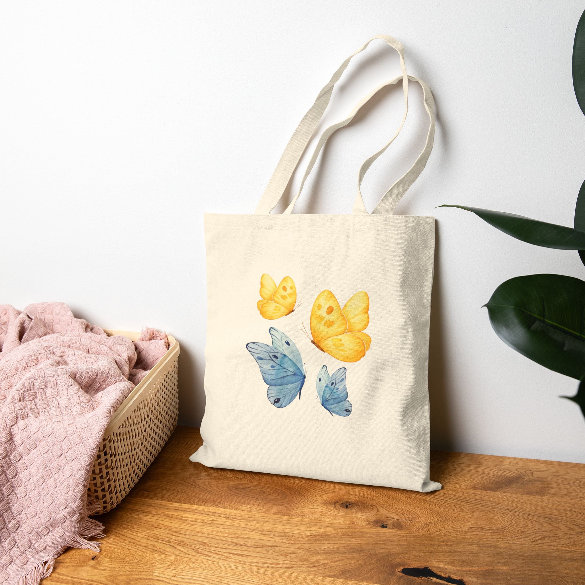 Butterfly Watercolor Tote Bag — Yellow & Blue Canvas Shopper