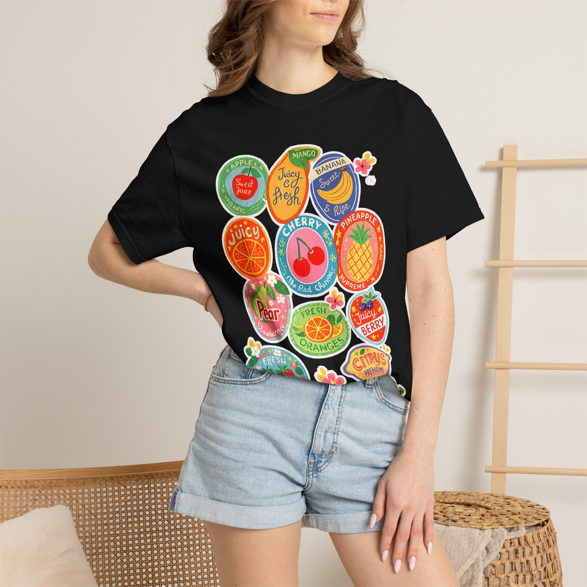 Fruit Sticker Patch T-Shirt — Juicy Retro Labels Graphic Tee