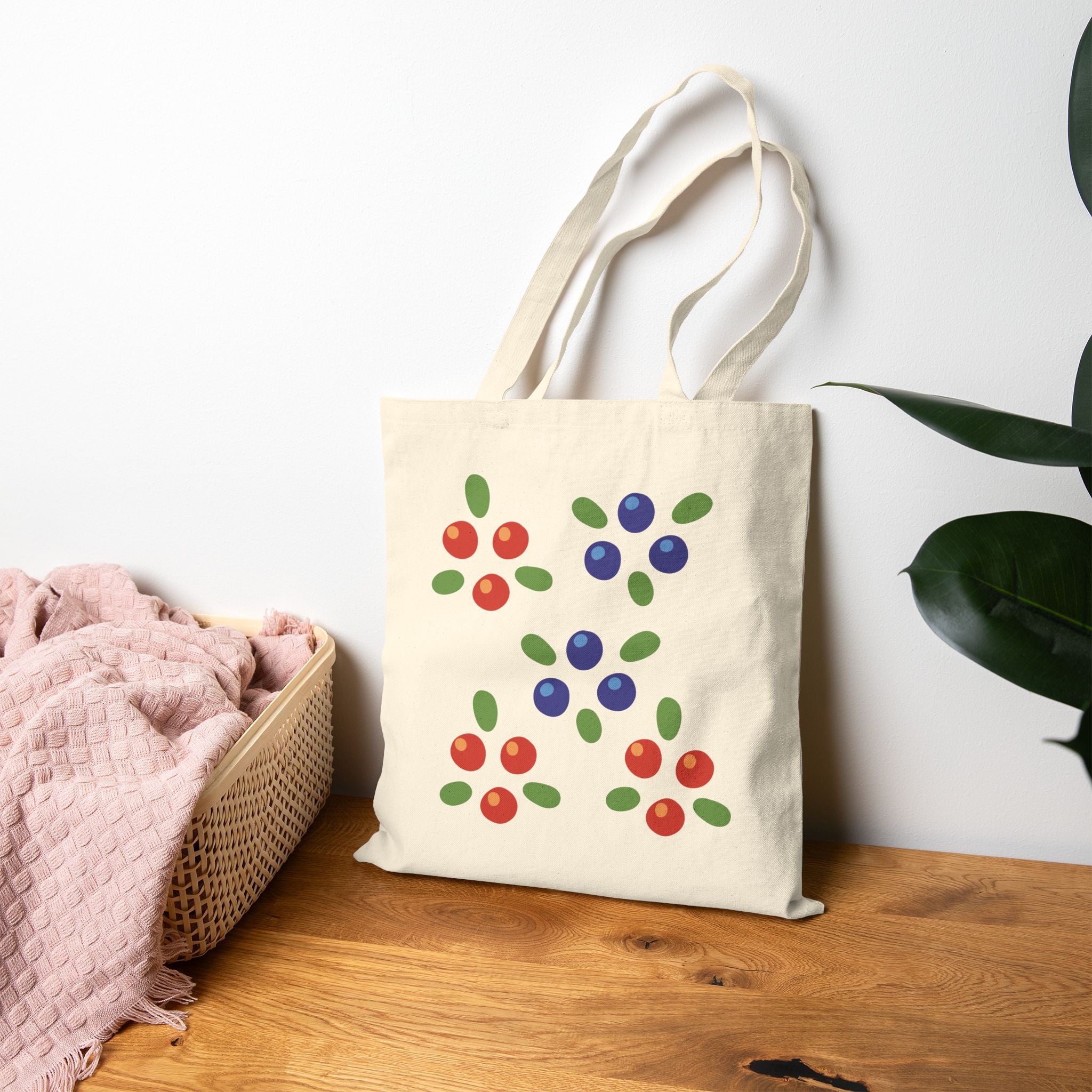 Cotton Canvas Tote Bag — Small Berries Printed Tote, Comfortable Everyday Market Bag