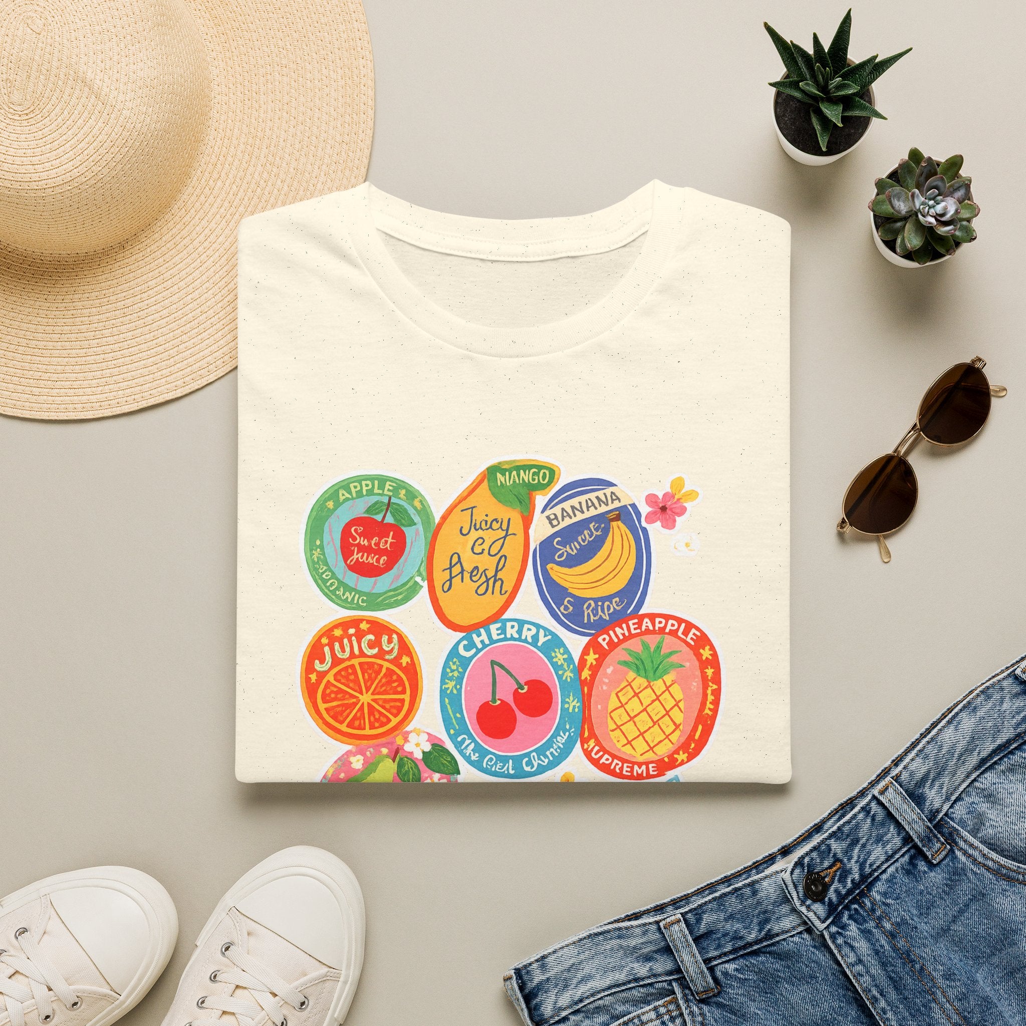 Fruit Label Graphic T-Shirt — Vintage Tropical Citrus Badges Tee
