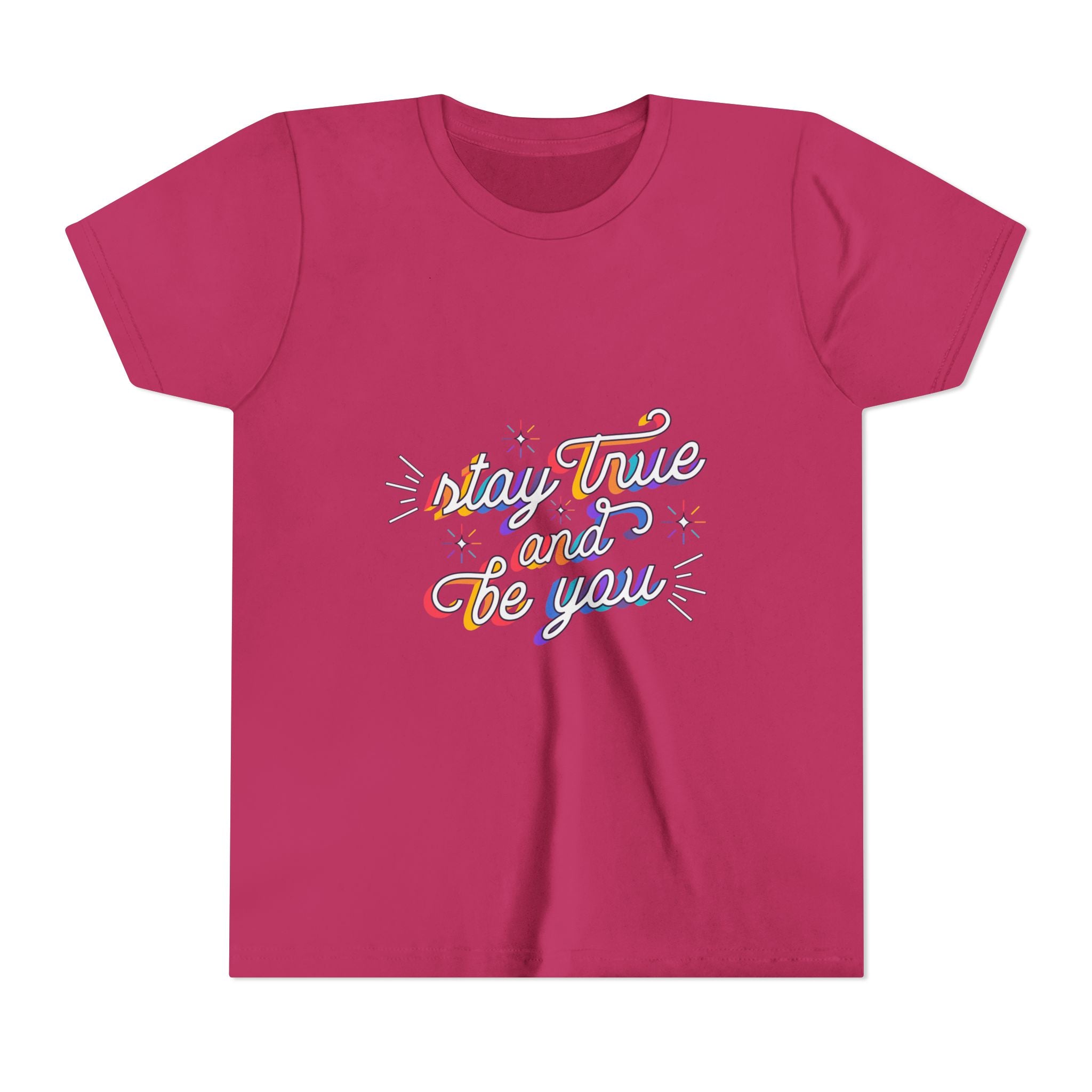 Youth Tee — "Stay True and Be You" Rainbow Script Kids T-Shirt
