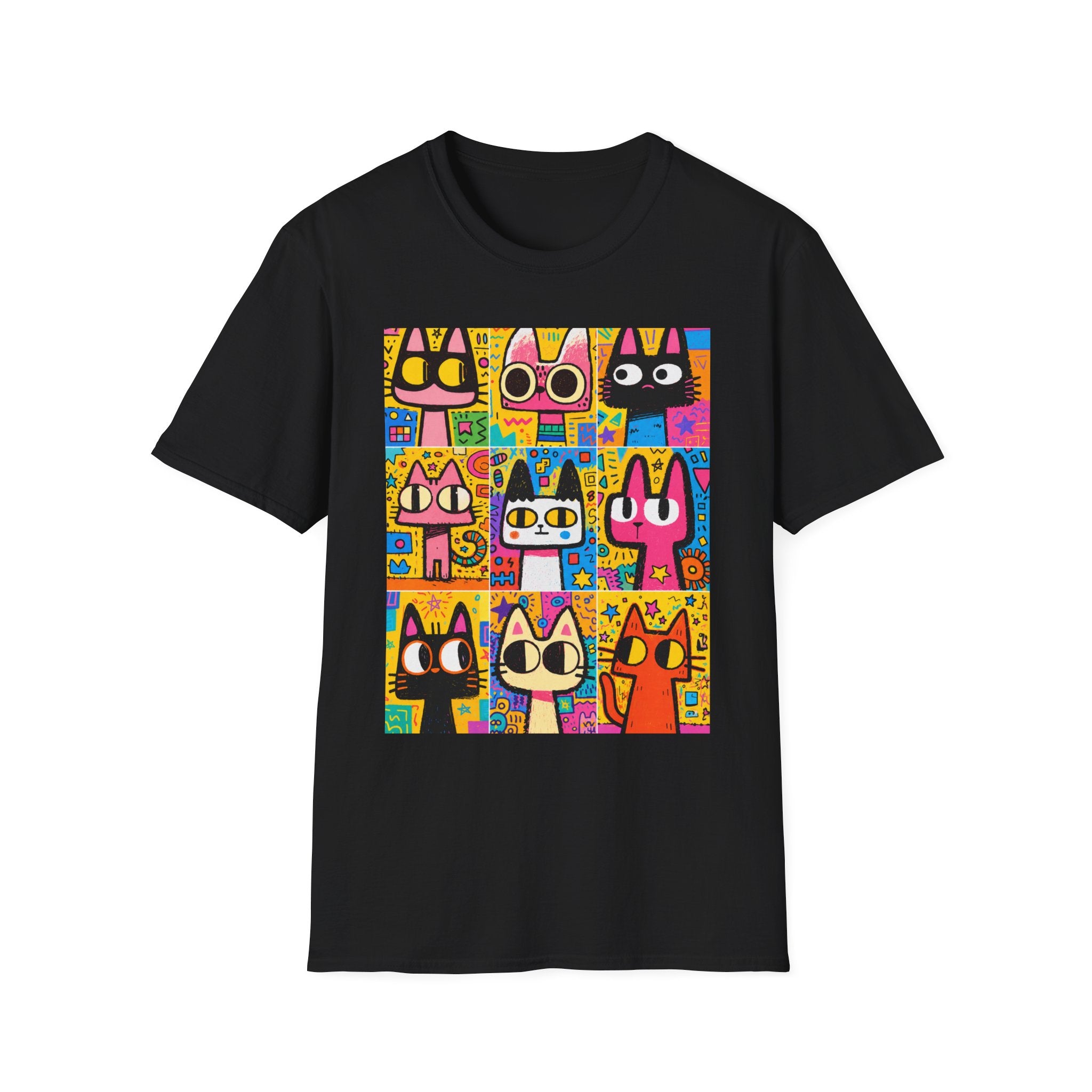 Colorful Pop Art Cats T-Shirt — Cute Cartoon Cat Grid Tee