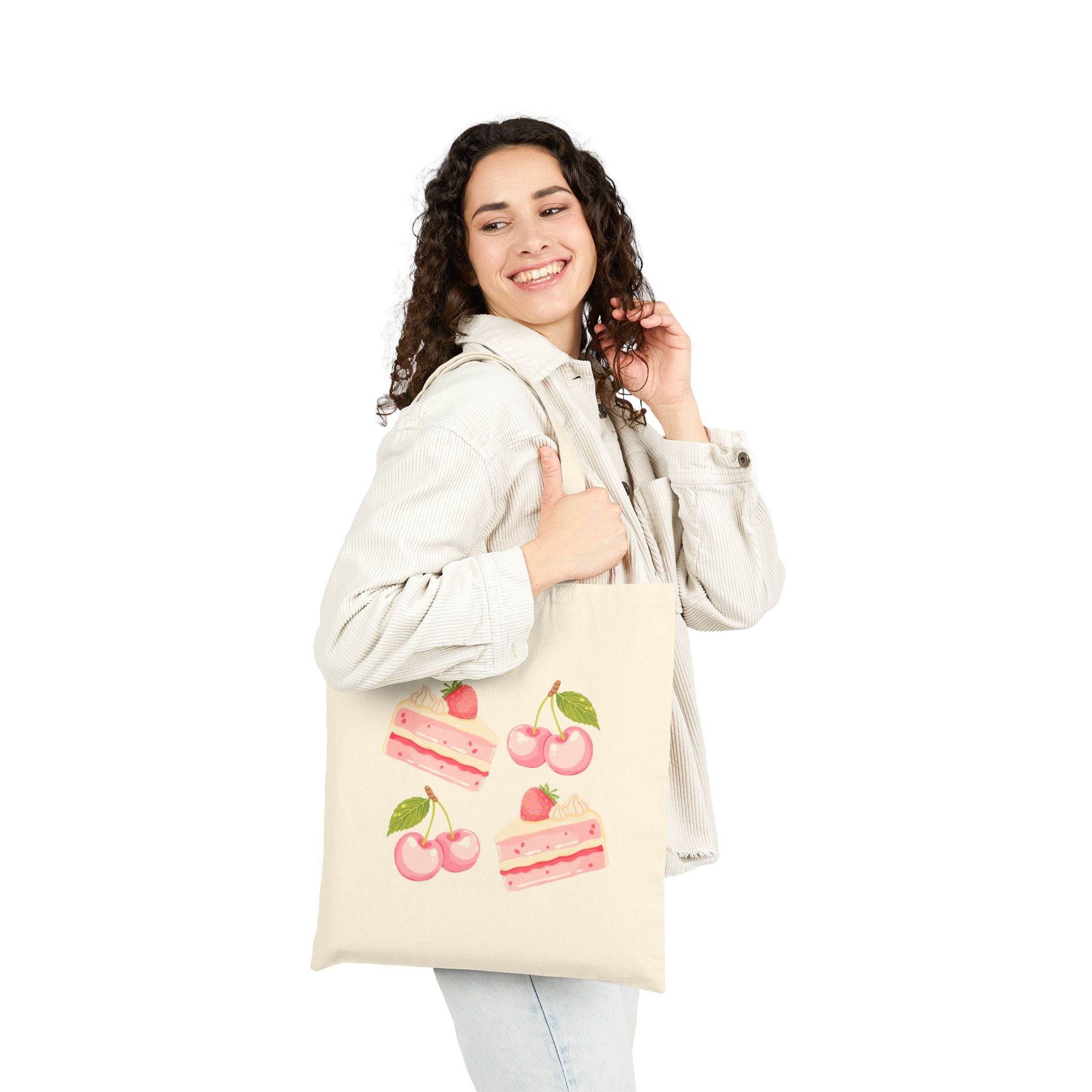 Strawberry Cherry Cake Canvas Tote Bag — Cute Dessert Grocery Tote