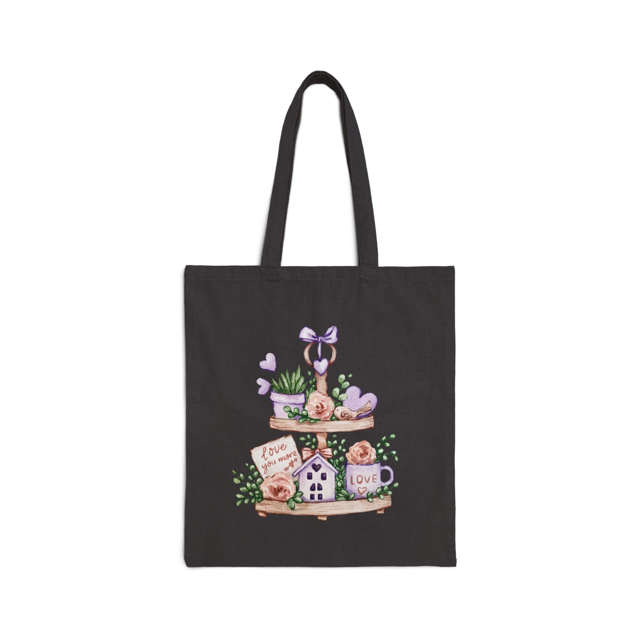 Canvas Tote Bag — Rustic Shelf Decor Illustration (Love, Plants & Hearts)