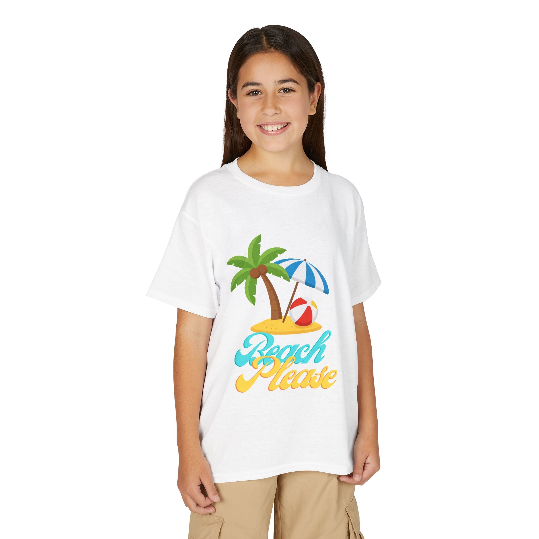 Youth Beach Please T-Shirt — Kids Summer Palm Tree & Umbrella Tee