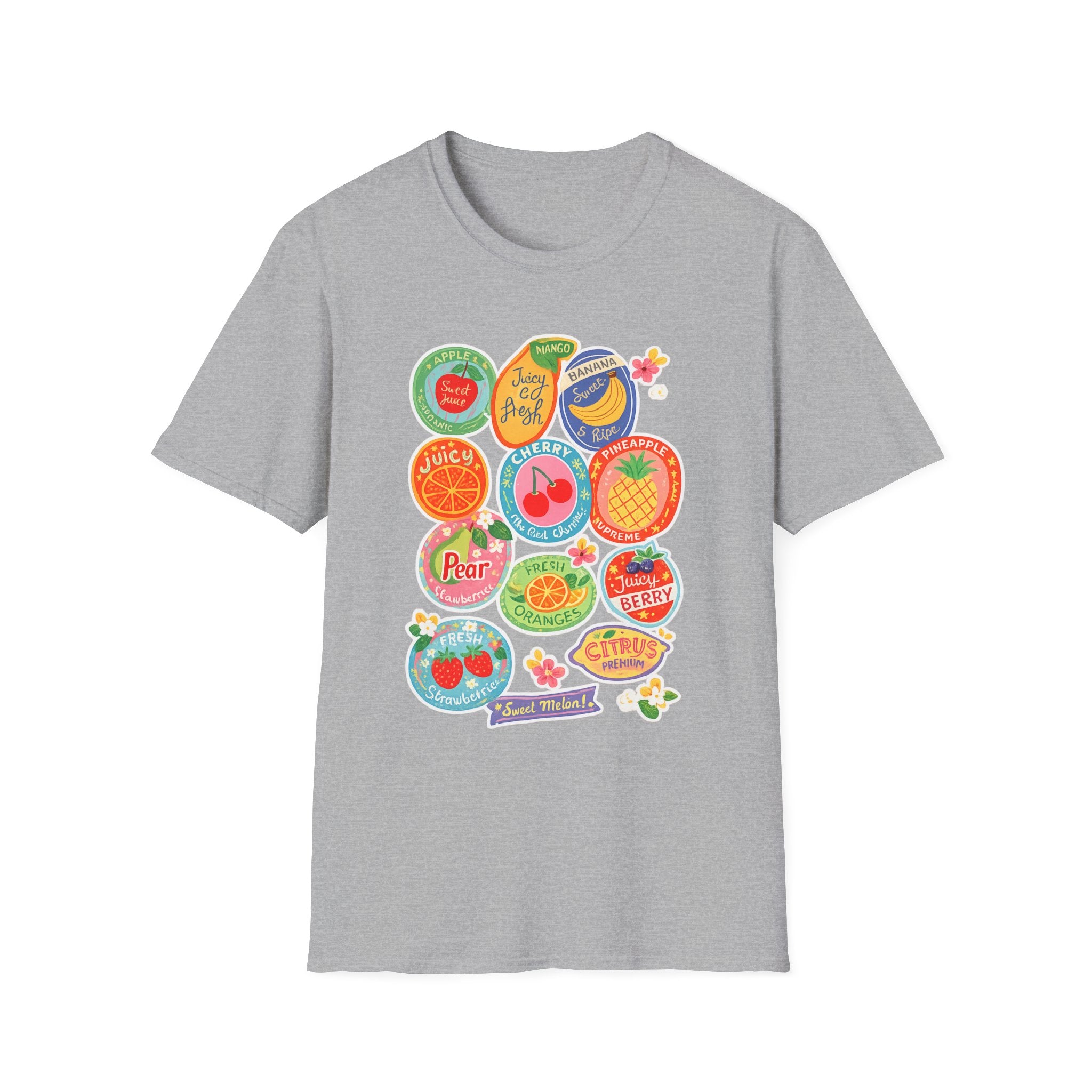 Fruit Label Graphic T-Shirt — Vintage Tropical Citrus Badges Tee