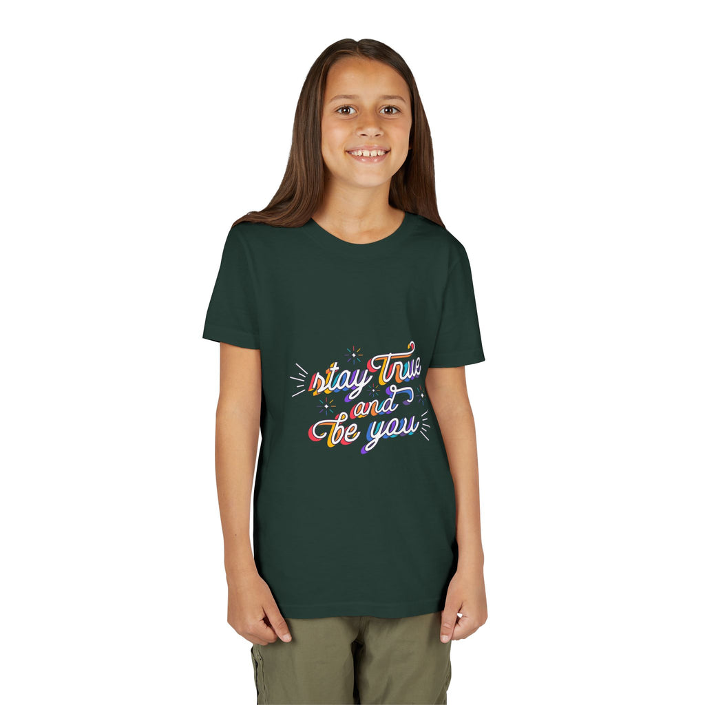 Youth Tee — "Stay True and Be You" Rainbow Script Kids T-Shirt